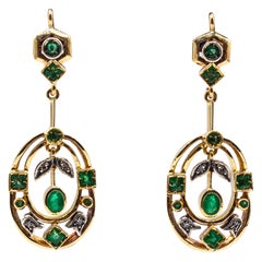 Art Deco Style Emerald White Round Cut Diamond Yellow Gold Lever-Back Earrings
