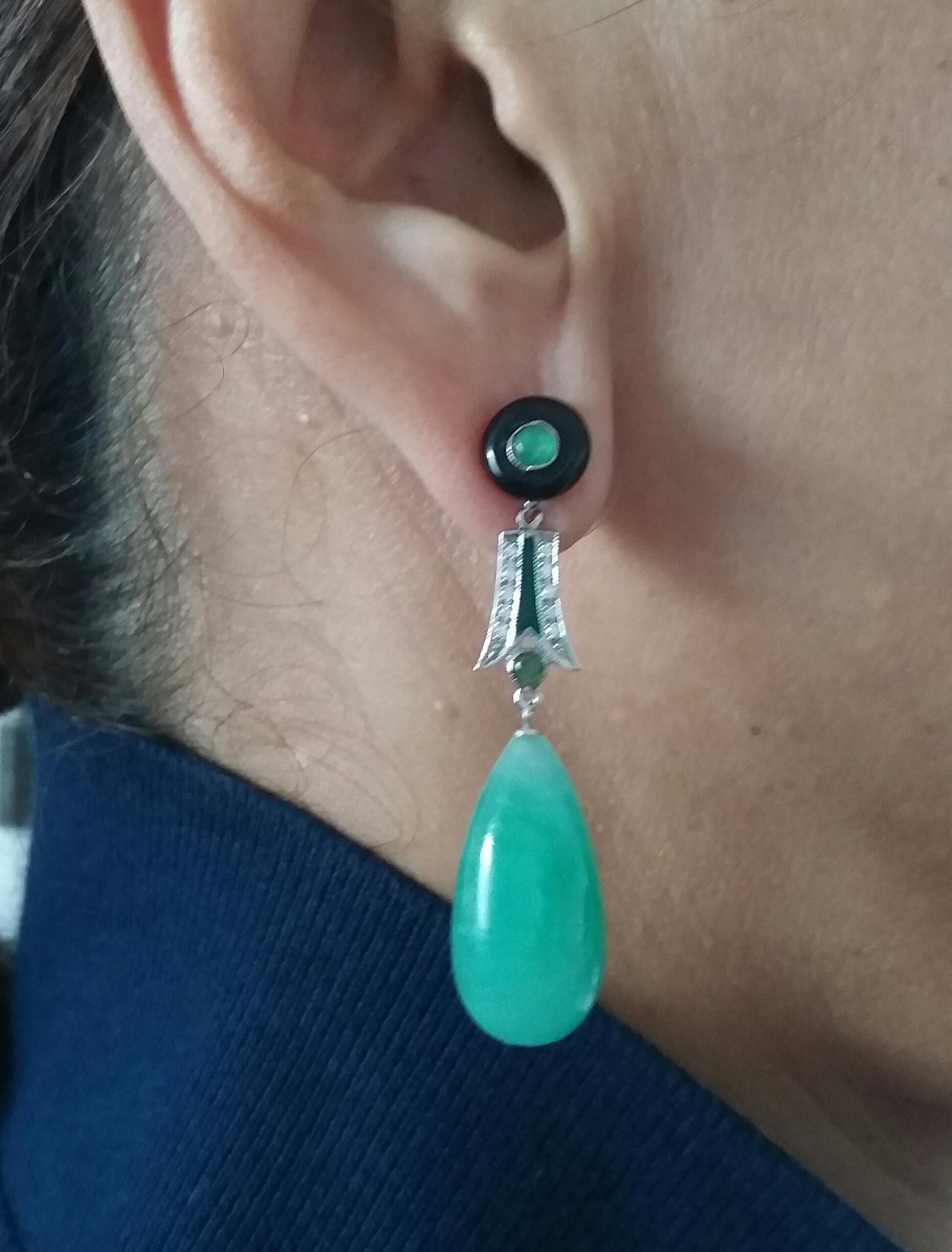 Art Deco Style Emeralds Gold Diamonds Enamels Burma Jade Round Drops Earrings For Sale 5