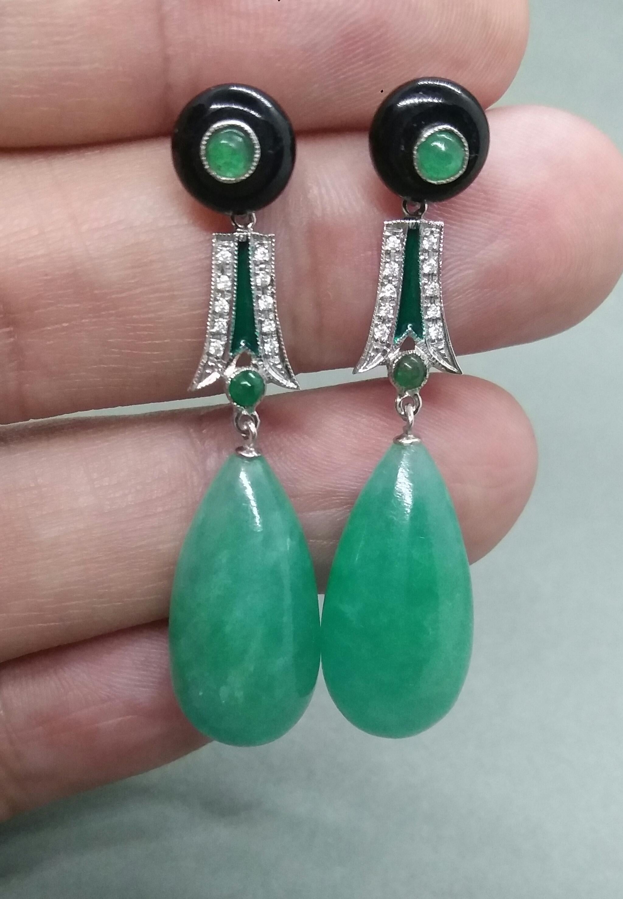 Mixed Cut Art Deco Style Emeralds Gold Diamonds Enamels Burma Jade Round Drops Earrings For Sale