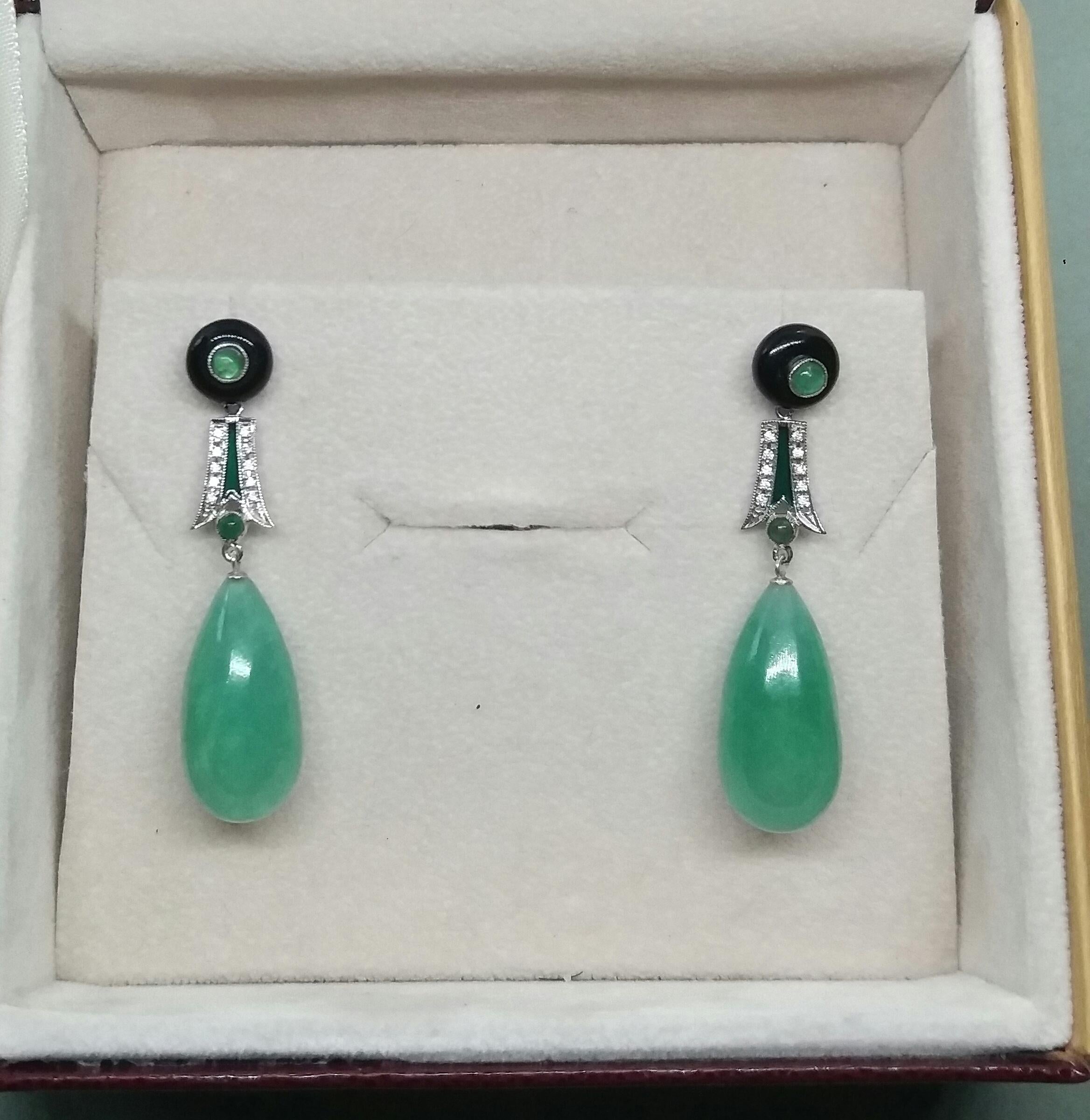 Art Deco Style Emeralds Gold Diamonds Enamels Burma Jade Round Drops Earrings In Good Condition For Sale In Bangkok, TH