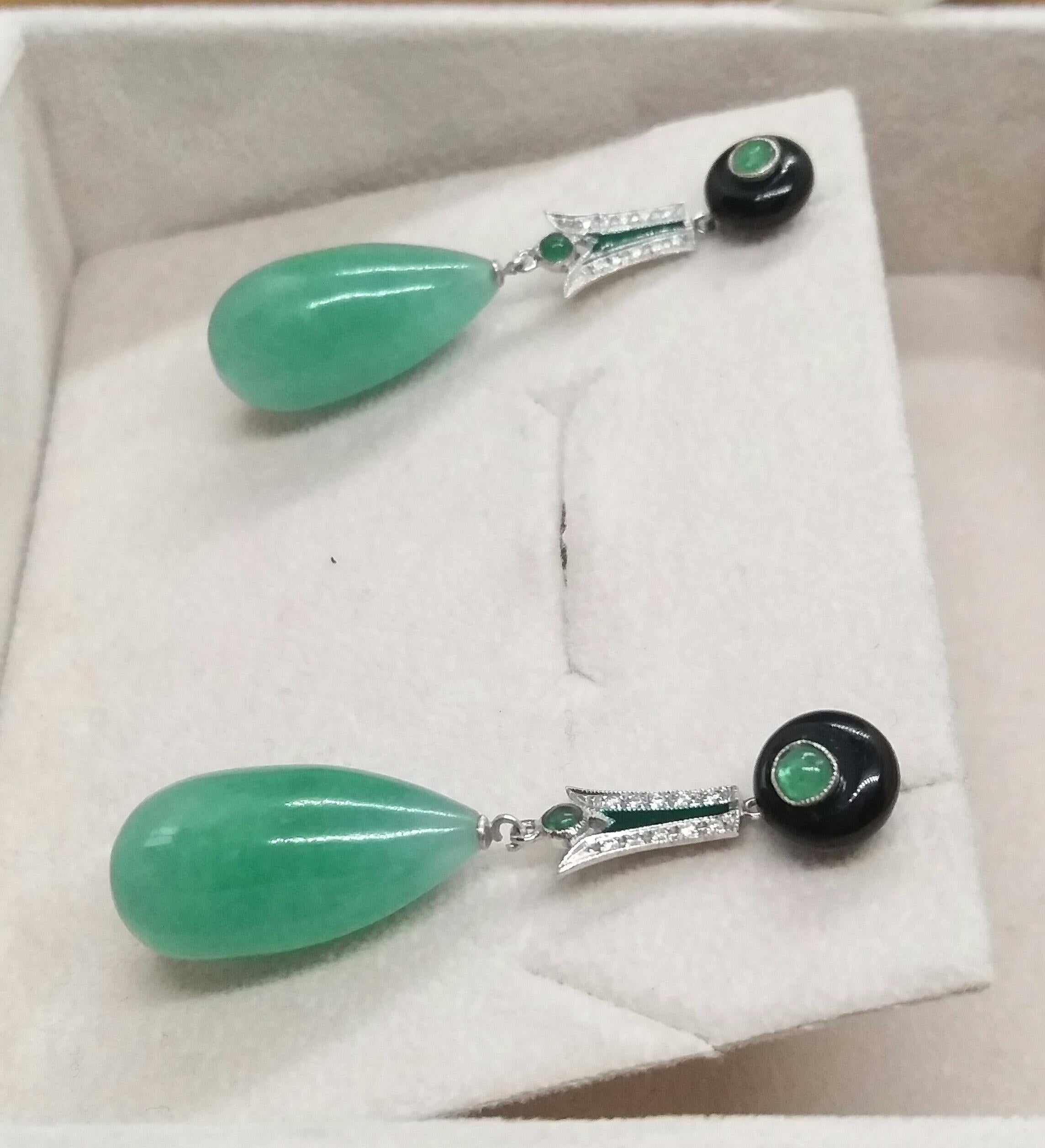Women's Art Deco Style Emeralds Gold Diamonds Enamels Burma Jade Round Drops Earrings For Sale