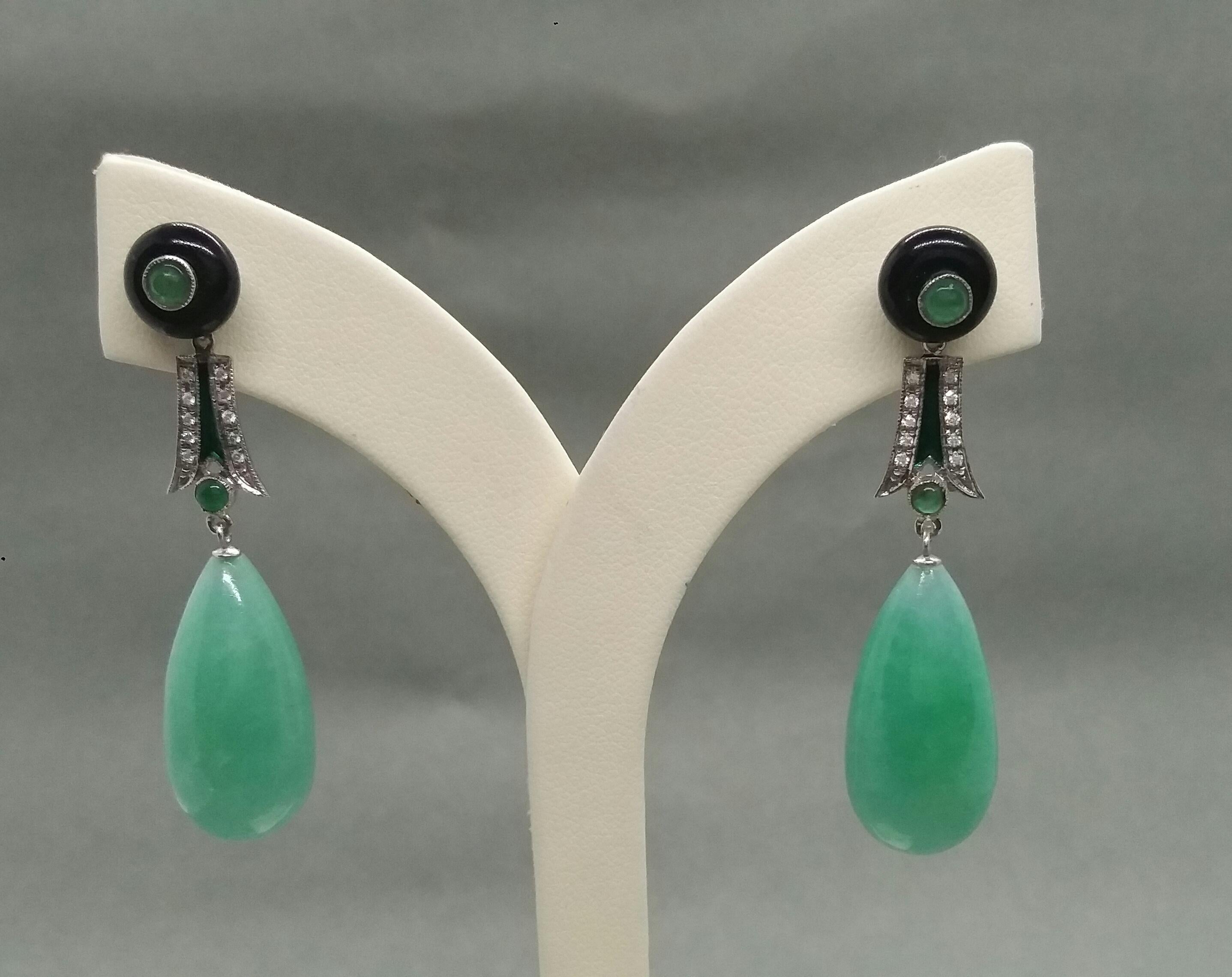 Art Deco Style Emeralds Gold Diamonds Enamels Burma Jade Round Drops Earrings For Sale 1