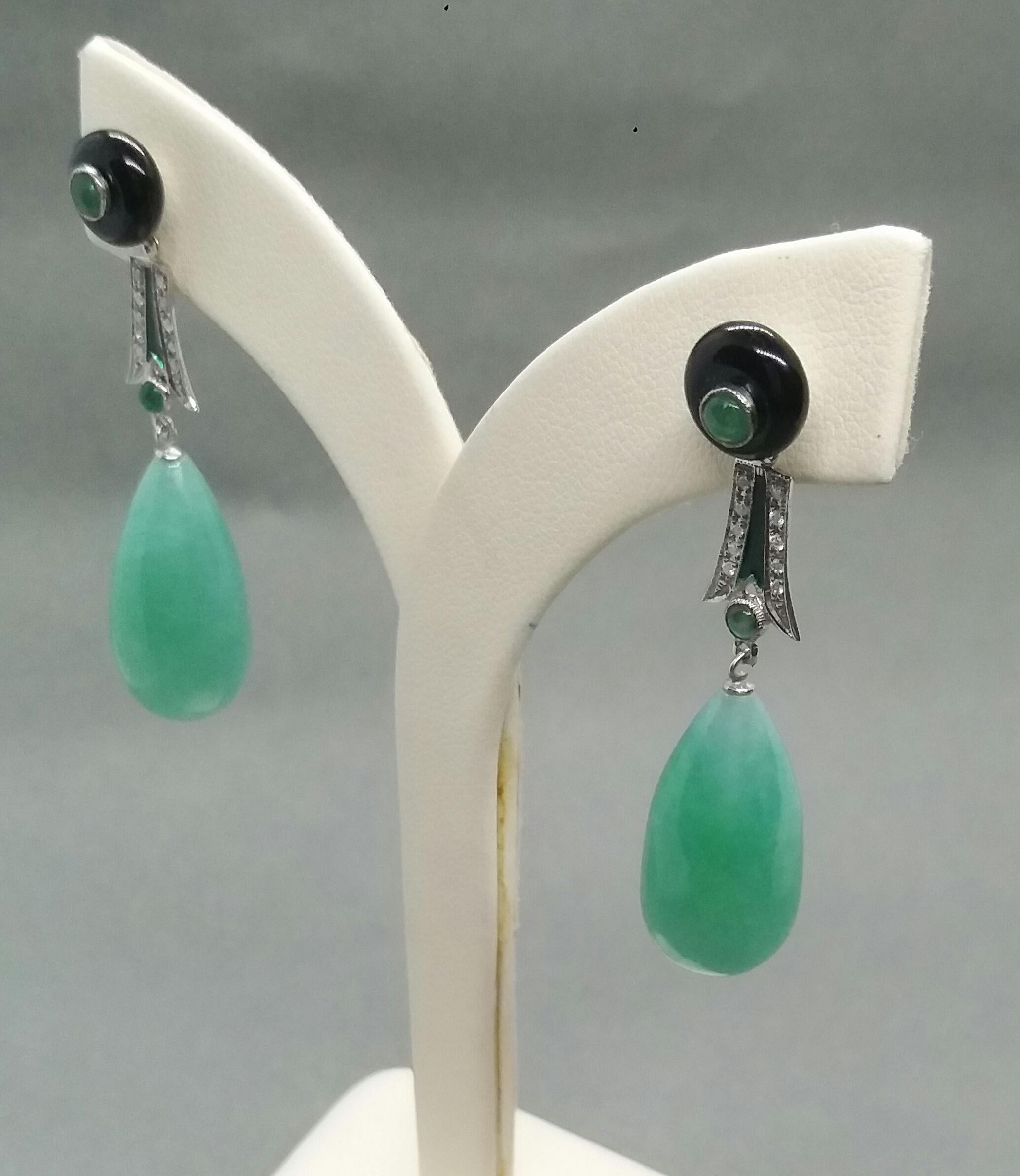 Art Deco Style Emeralds Gold Diamonds Enamels Burma Jade Round Drops Earrings For Sale 2