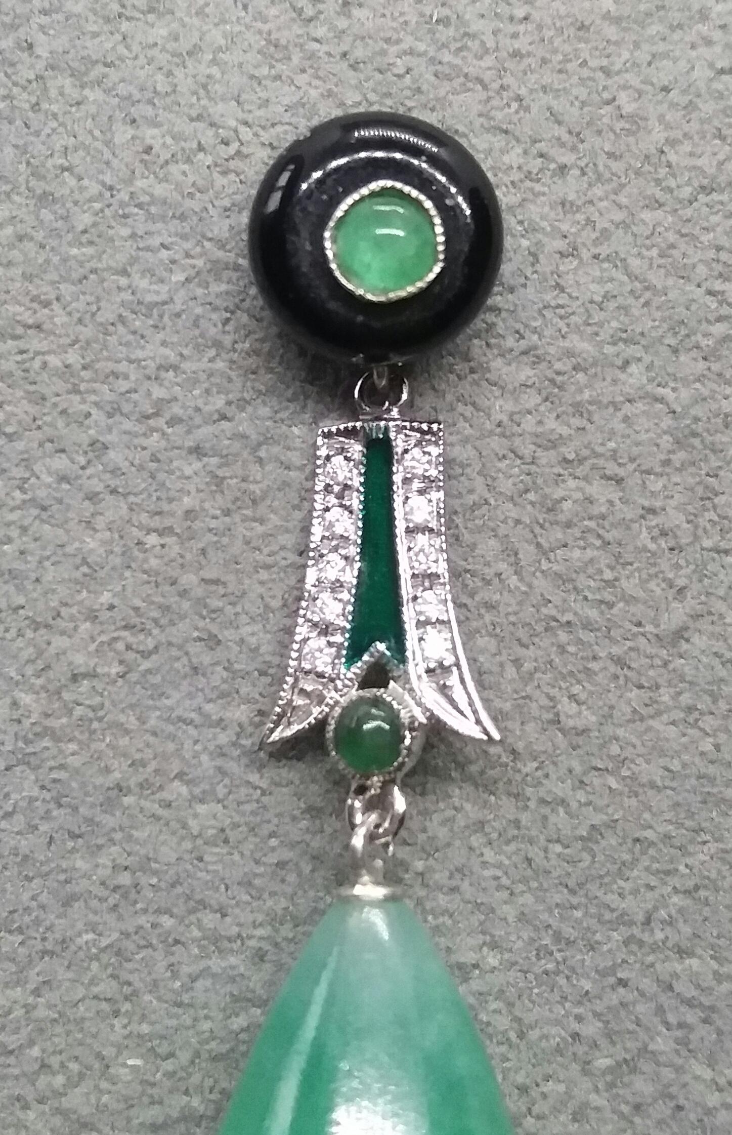 Art Deco Style Emeralds Gold Diamonds Enamels Burma Jade Round Drops Earrings For Sale 3