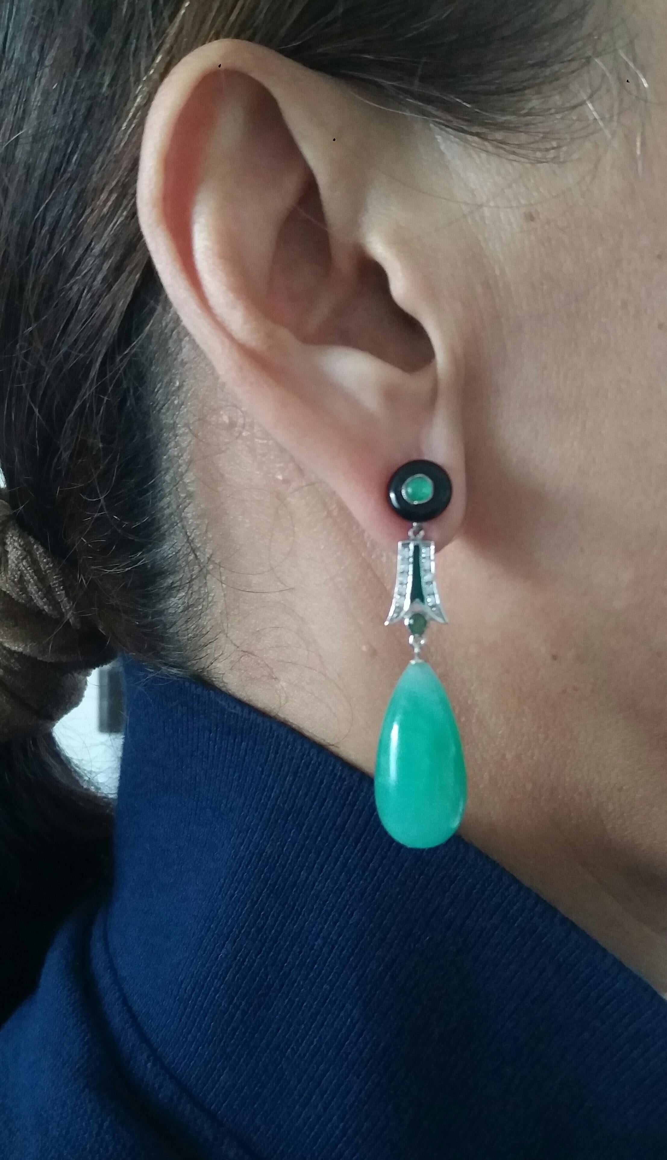 Art Deco Style Emeralds Gold Diamonds Enamels Burma Jade Round Drops Earrings For Sale 4