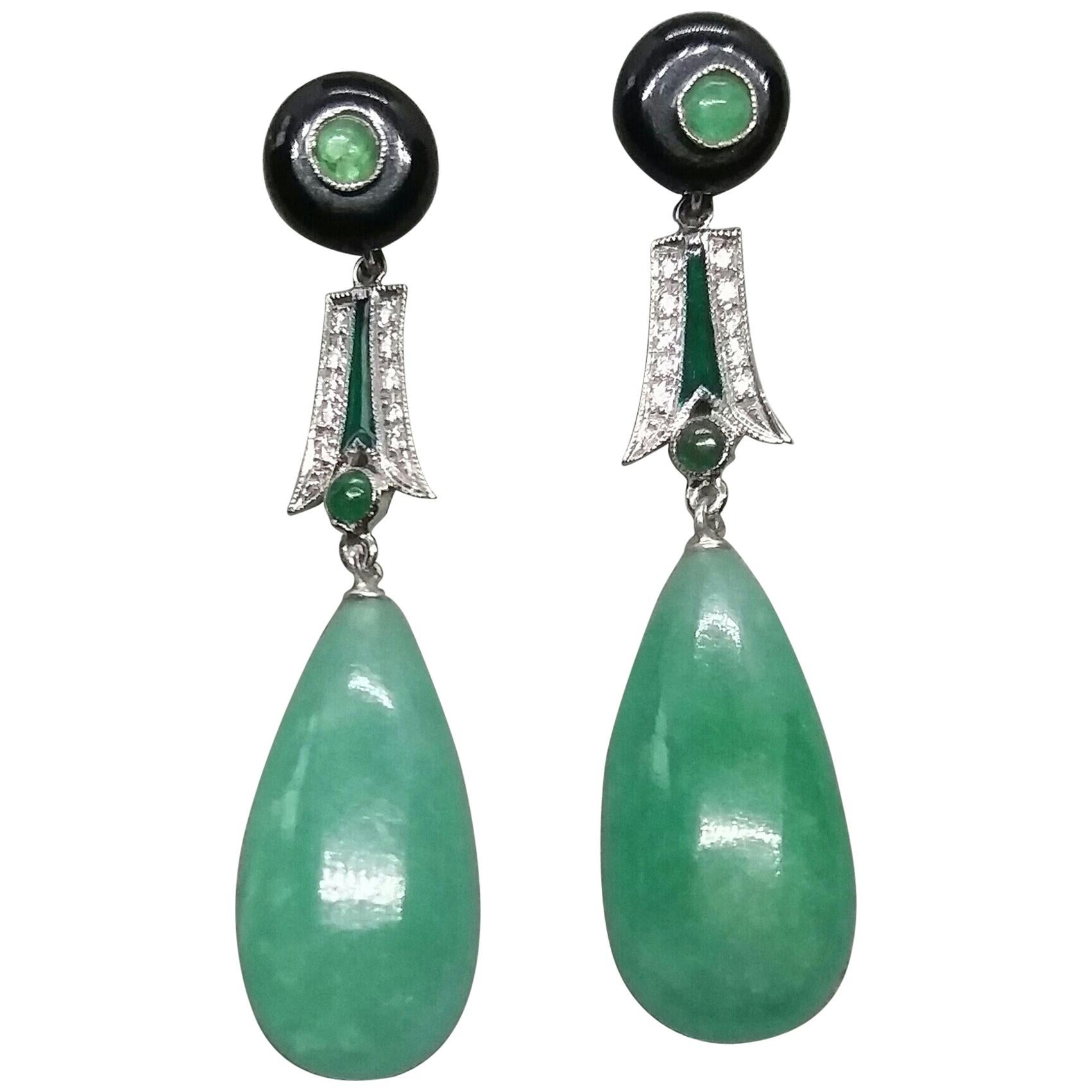 Art Deco Style Emeralds Gold Diamonds Enamels Burma Jade Round Drops Earrings