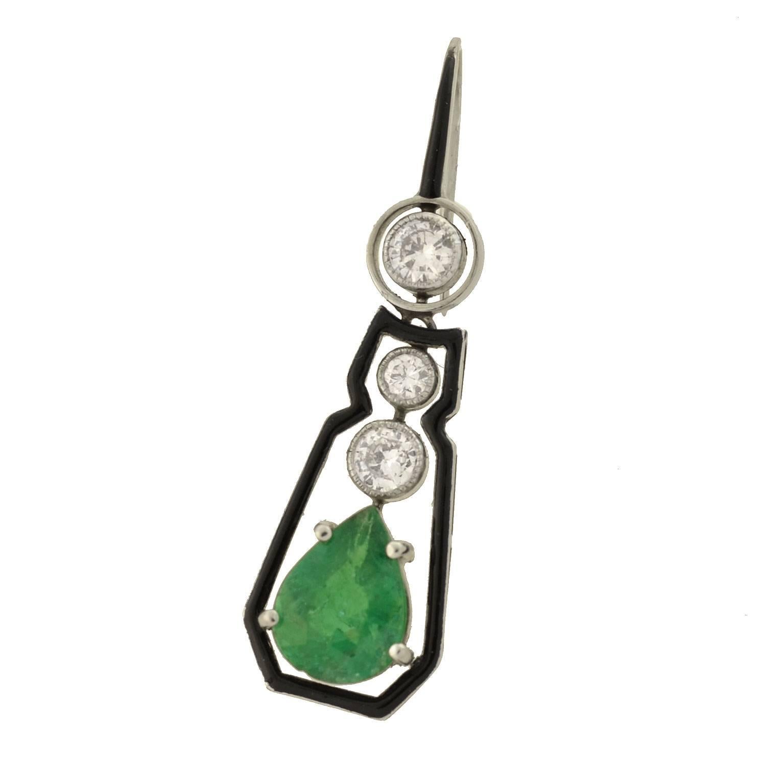 Art Deco Style Enameled Diamond Emerald Drop Earrings In New Condition In Narberth, PA