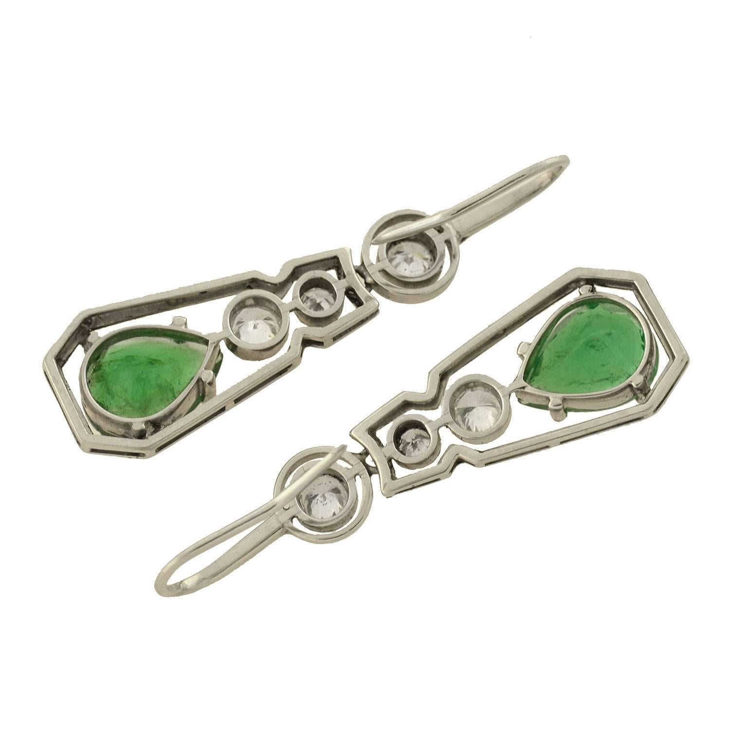Art Deco Style Enameled Diamond Emerald Drop Earrings 1