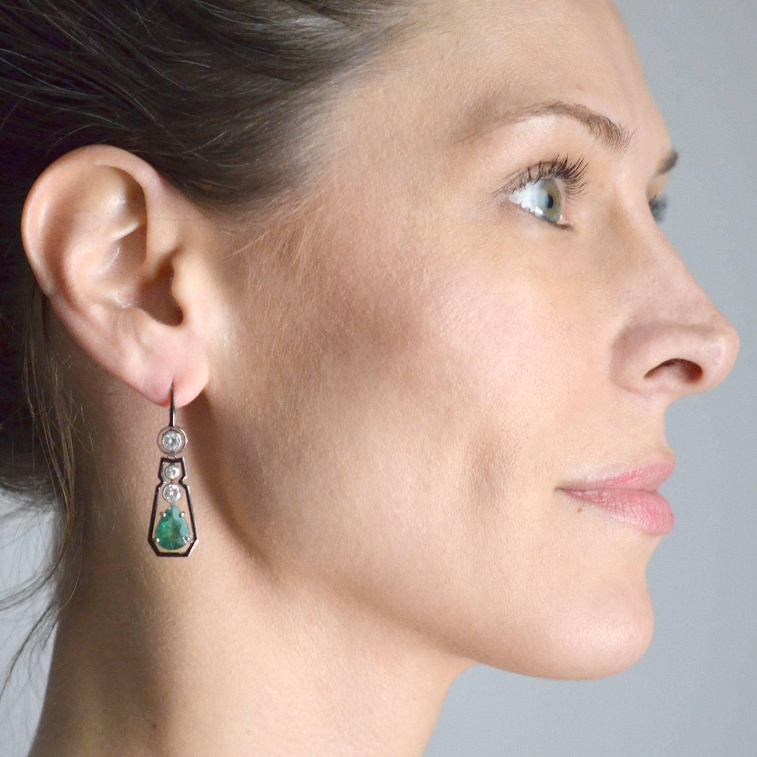 Art Deco Style Enameled Diamond Emerald Drop Earrings 2