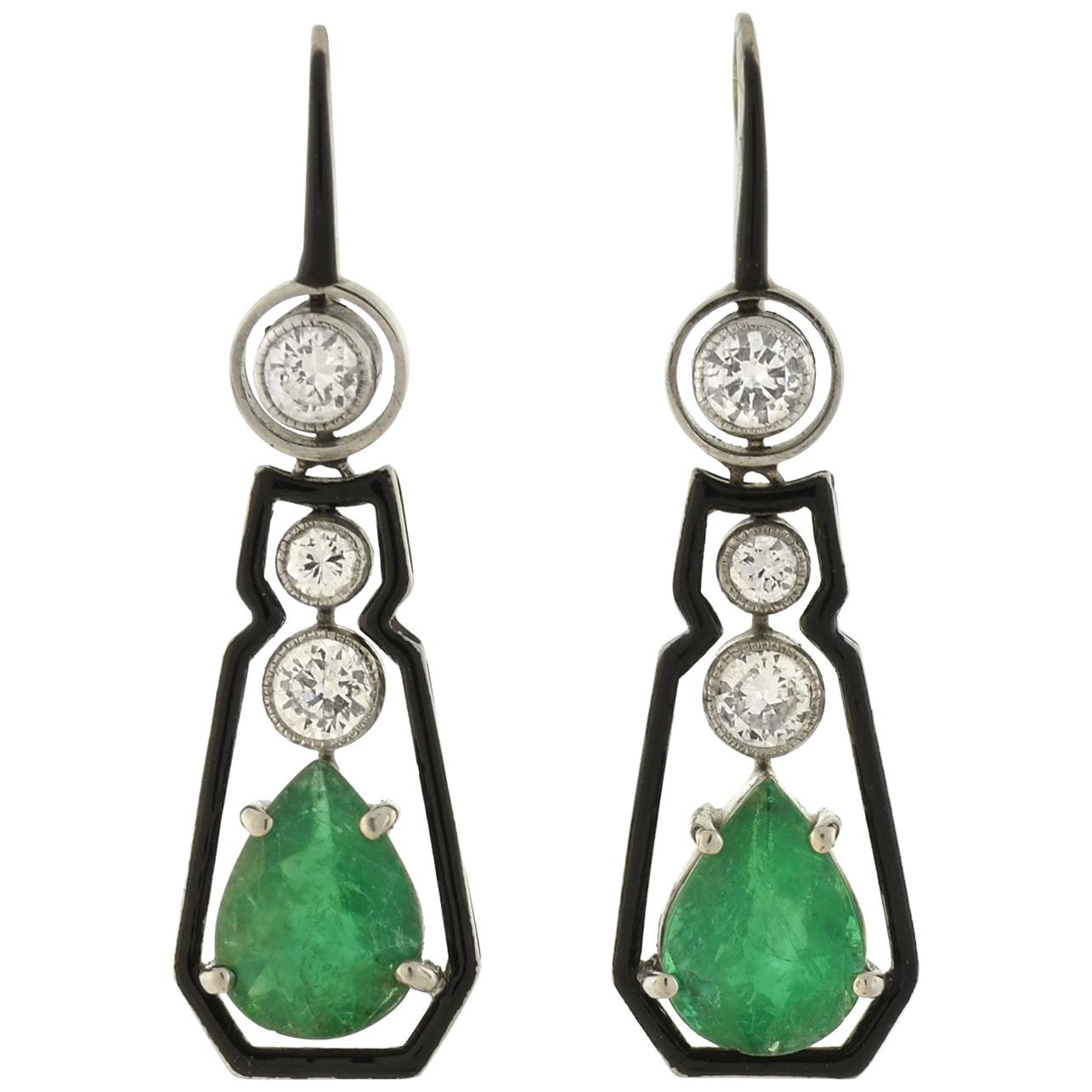 Art Deco Style Enameled Diamond Emerald Drop Earrings