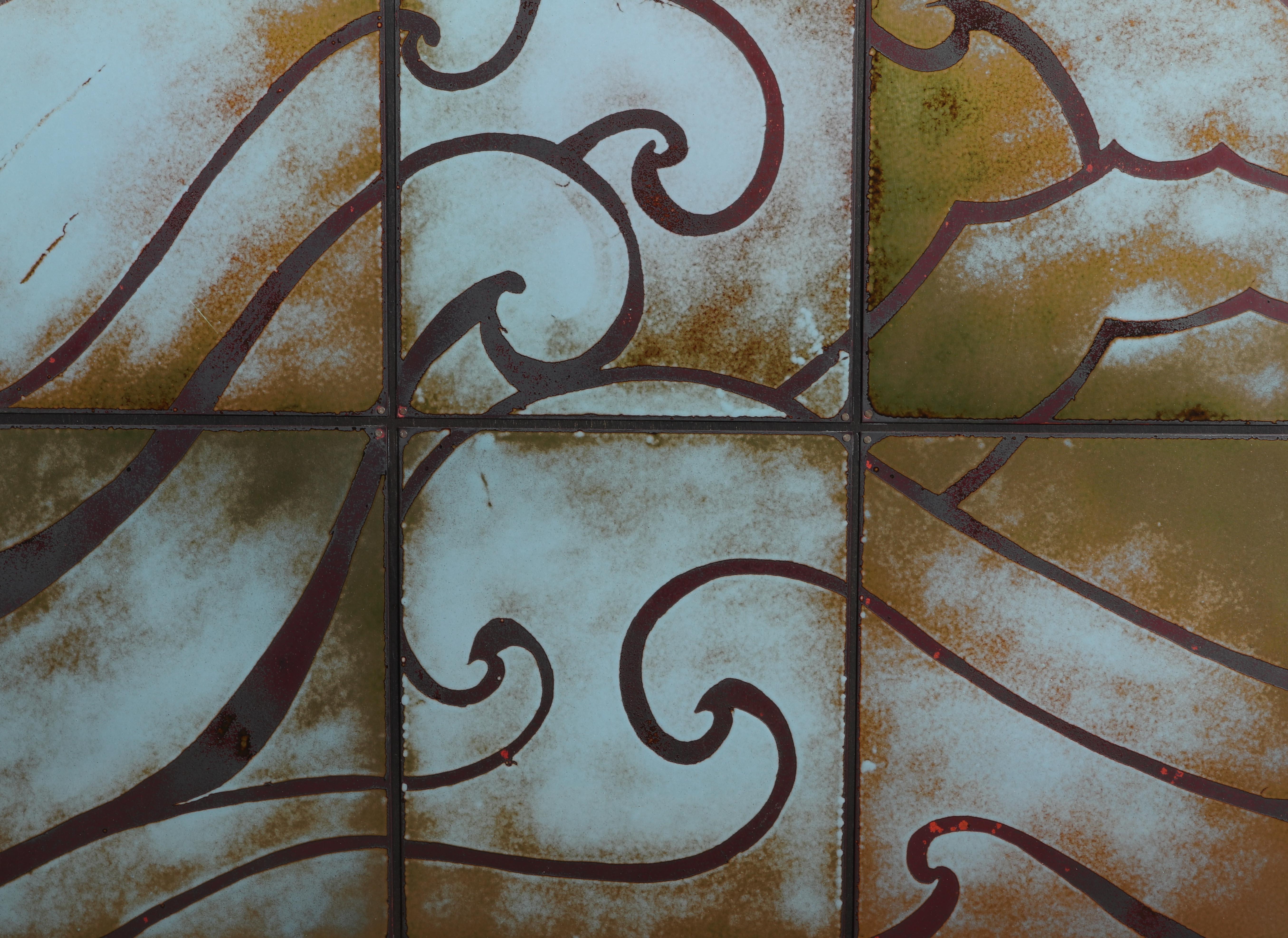 Art Deco style enameled sheet metal tile on panel wall hanging comprised of 15 tiles with wave pattern. Measures: 48