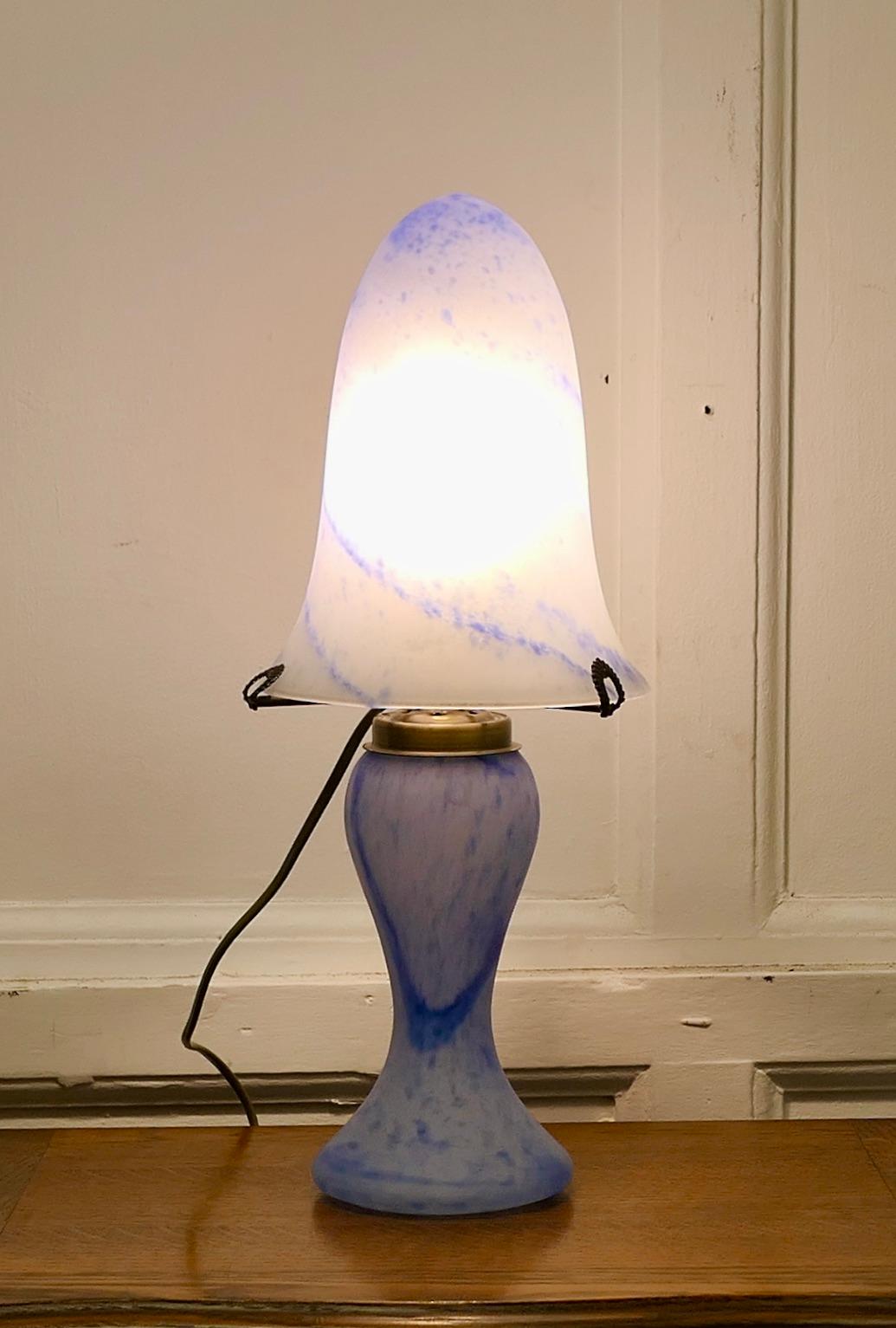  Art Deco Style End of Day Blue Glass Lamp and Glass Shade

This is a very pretty piece, the base of the lamp has a vase shape and it is set off with a pointed mushroom shaped shade, these are made in shades of blue end of day glass 
All the wiring