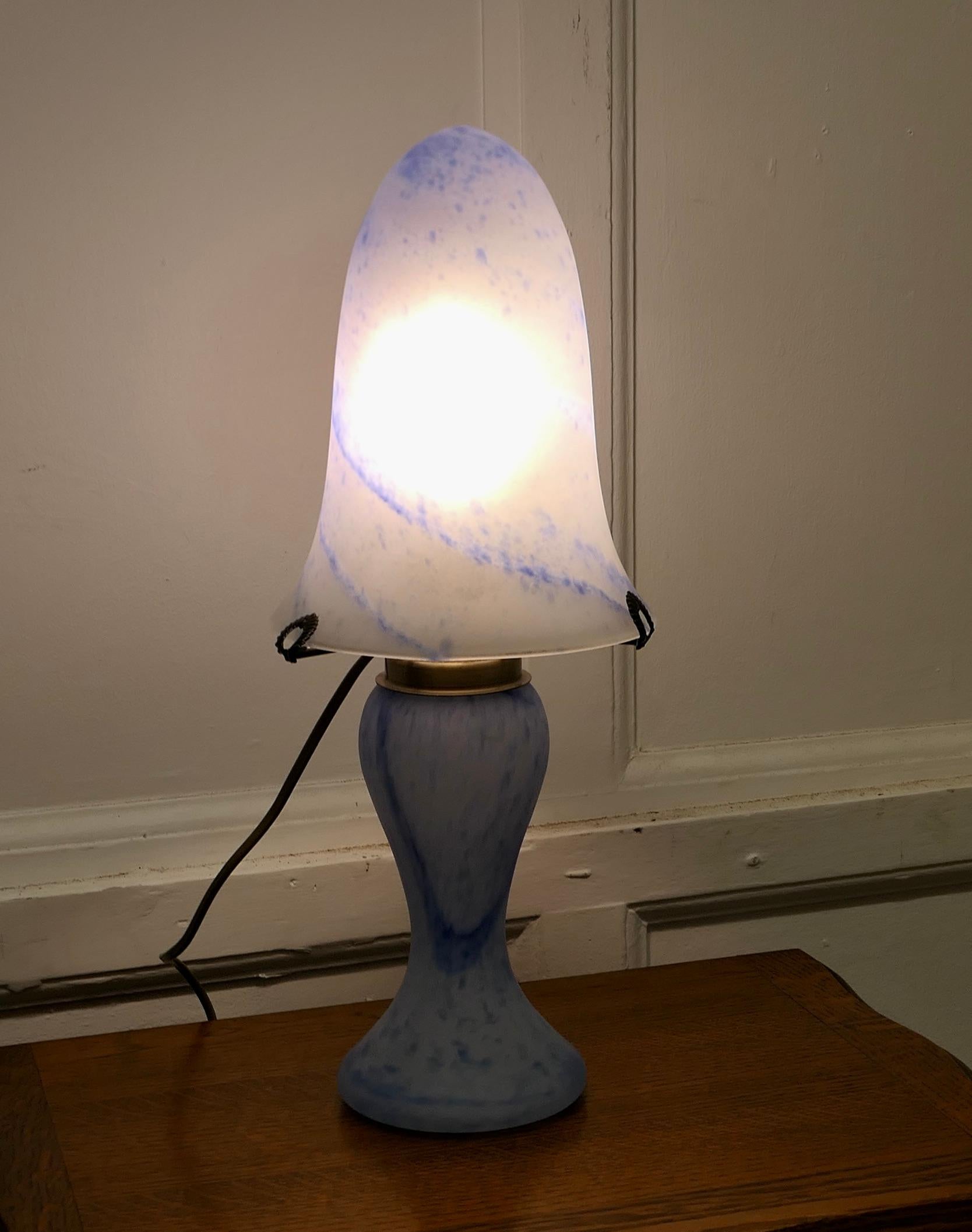 Arts and Crafts  Art Deco Style End of Day Blue Glass Lamp and Glass Shade  This is a very prett For Sale
