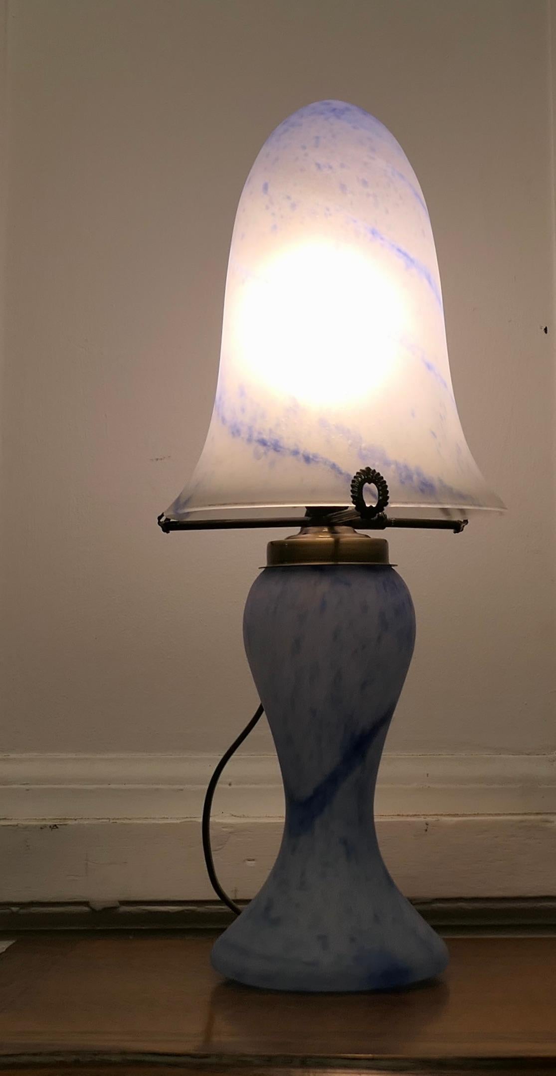 Mid-20th Century  Art Deco Style End of Day Blue Glass Lamp and Glass Shade  This is a very prett For Sale