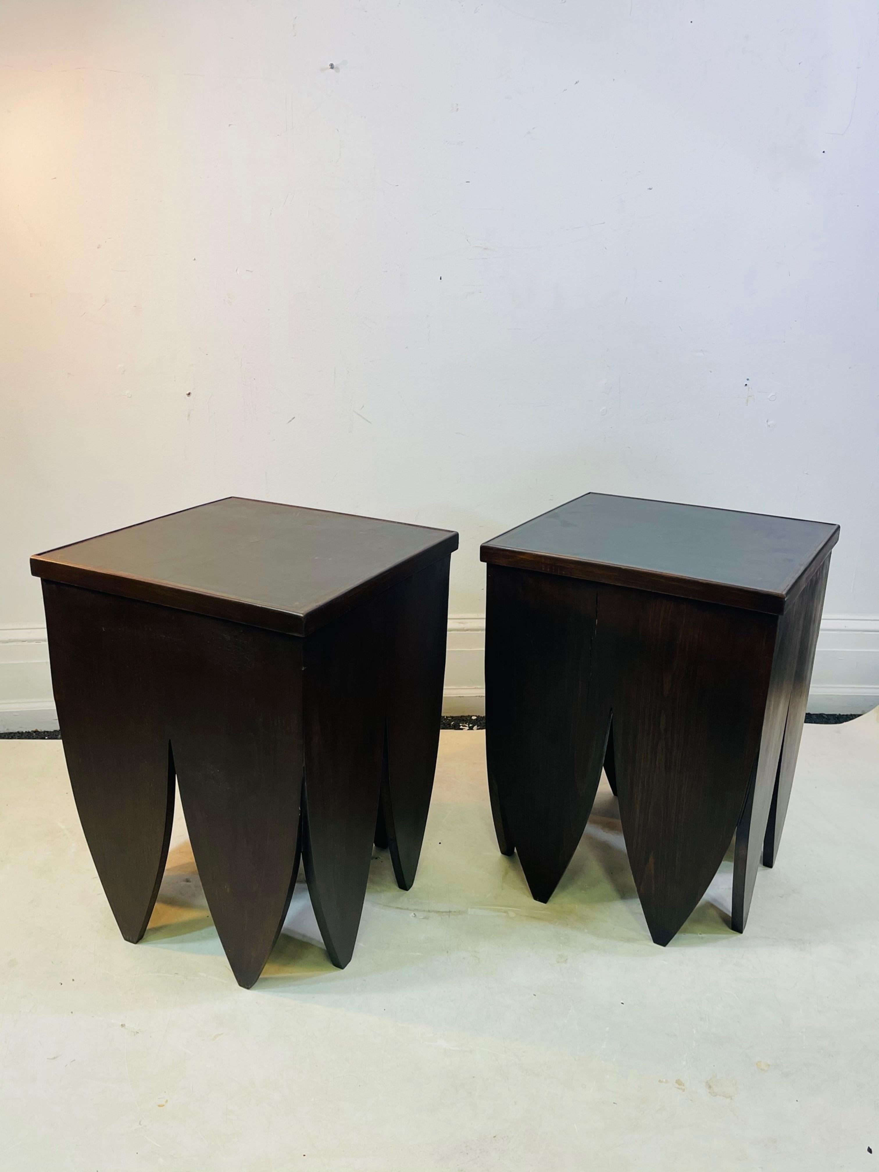 Art Deco style pair of end tables in wood with square tooled leather tops. In great vintage condition with age-appropriate wear and use.