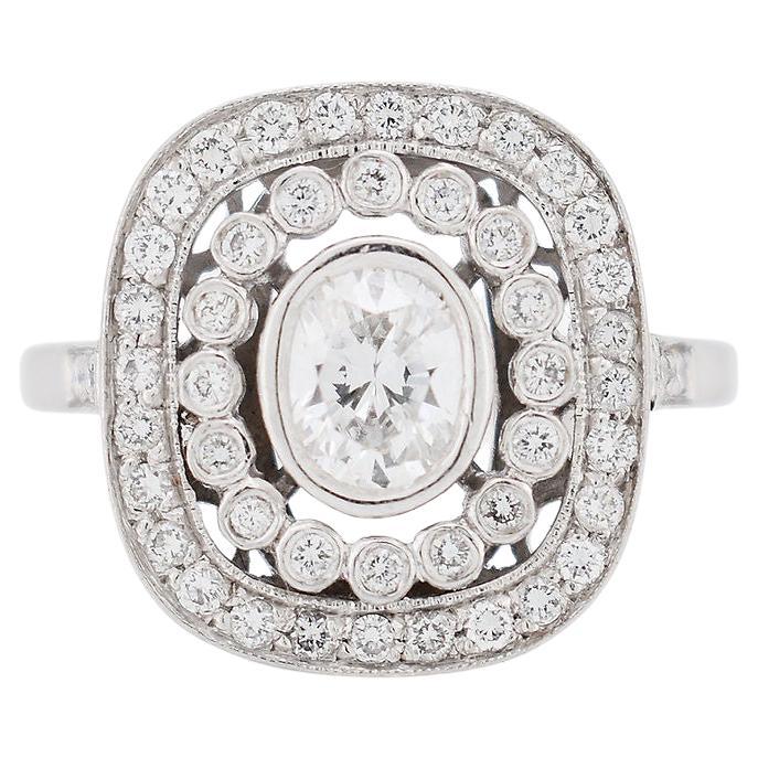Art Deco Style Engagement Ring, Double Halo, Platinum and Diamonds