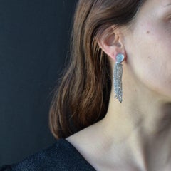 Art Deco Style Engraved Aquamarine Diamonds Labradorite Dangle Earrings