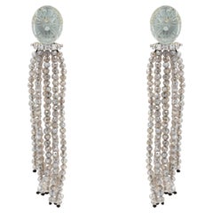 Art Deco Style Engraved Aquamarine Diamonds Labradorite Dangle Earrings