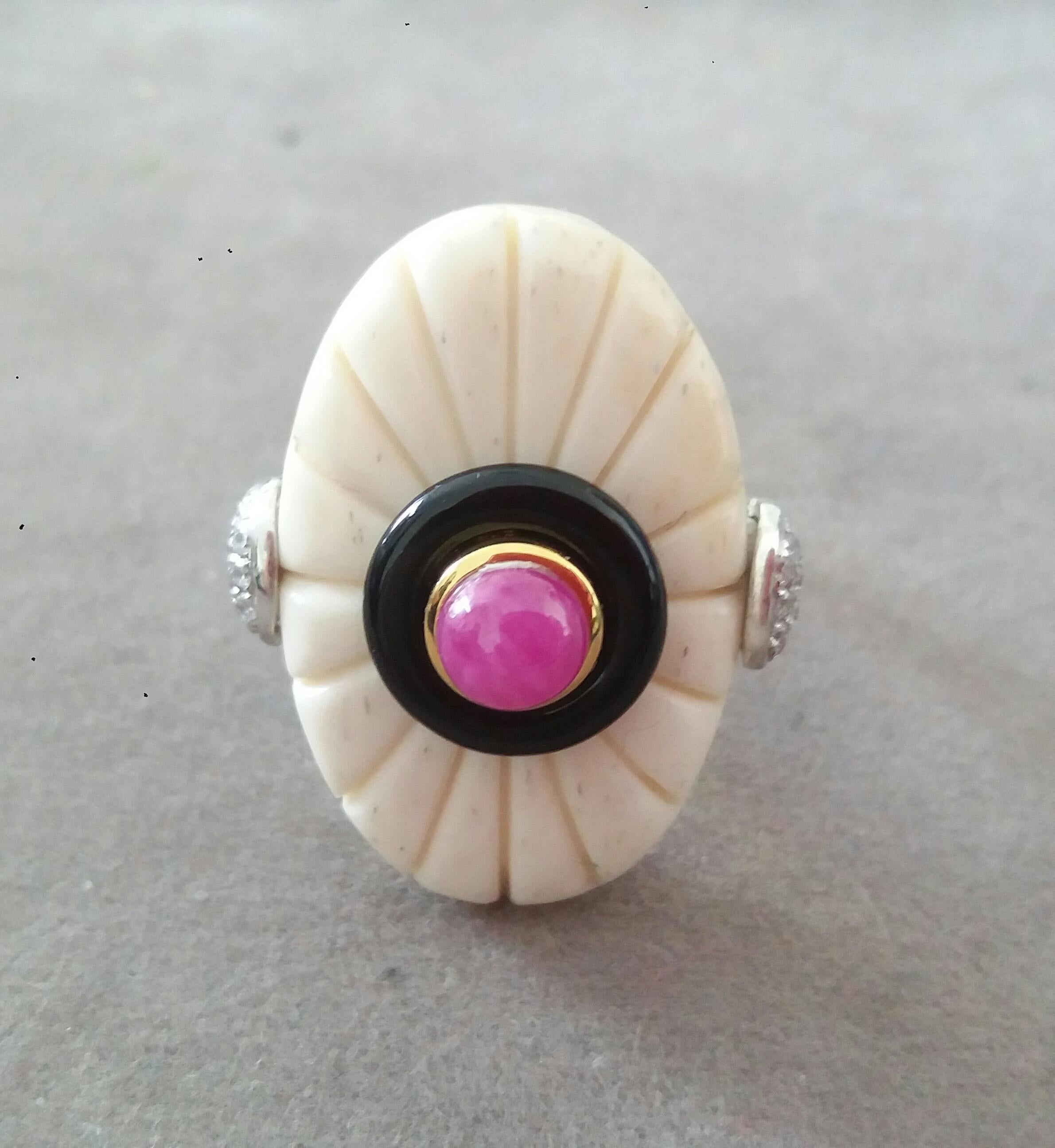 For Sale:  Art Deco Style Engraved Bone Black Onyx Ruby Cab Gold Diamonds Cocktail Ring 10