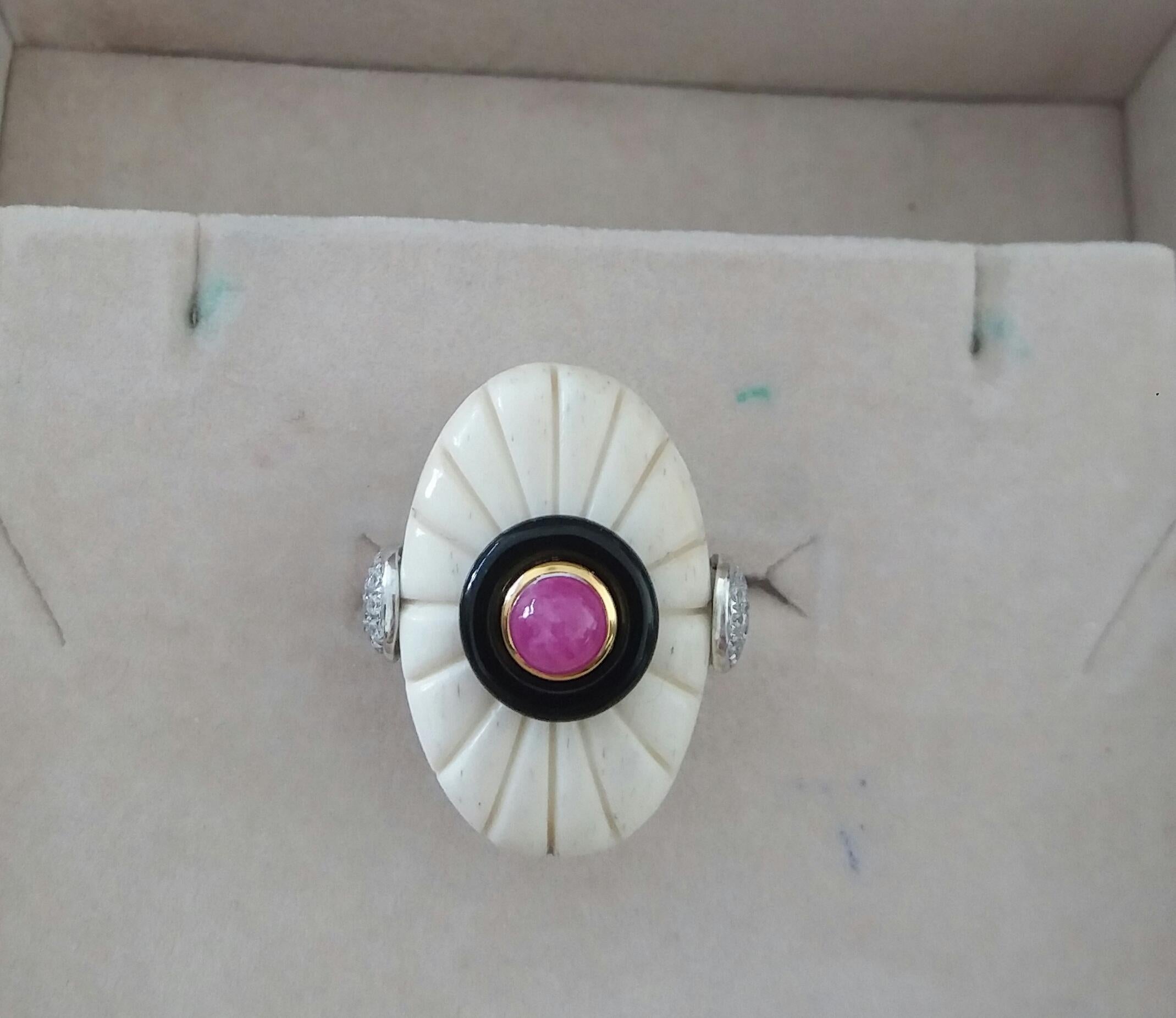 For Sale:  Art Deco Style Engraved Bone Black Onyx Ruby Cab Gold Diamonds Cocktail Ring 11