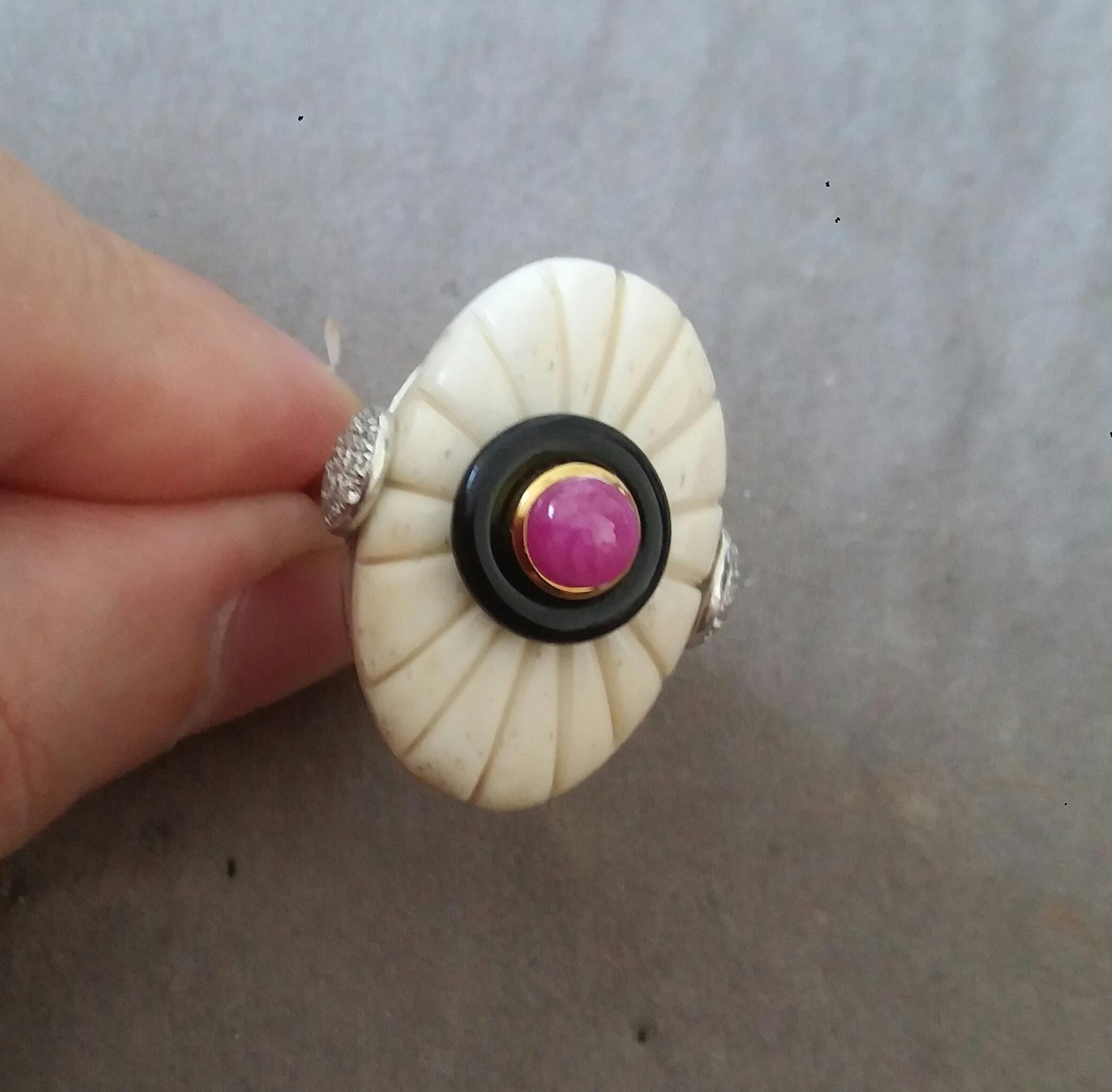 For Sale:  Art Deco Style Engraved Bone Black Onyx Ruby Cab Gold Diamonds Cocktail Ring 13