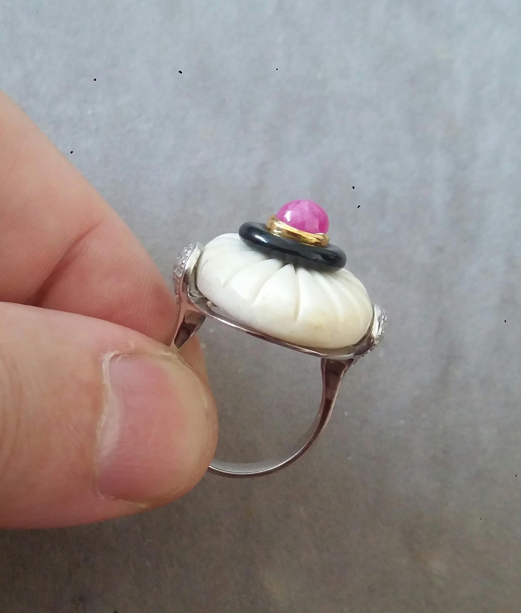 For Sale:  Art Deco Style Engraved Bone Black Onyx Ruby Cab Gold Diamonds Cocktail Ring 14