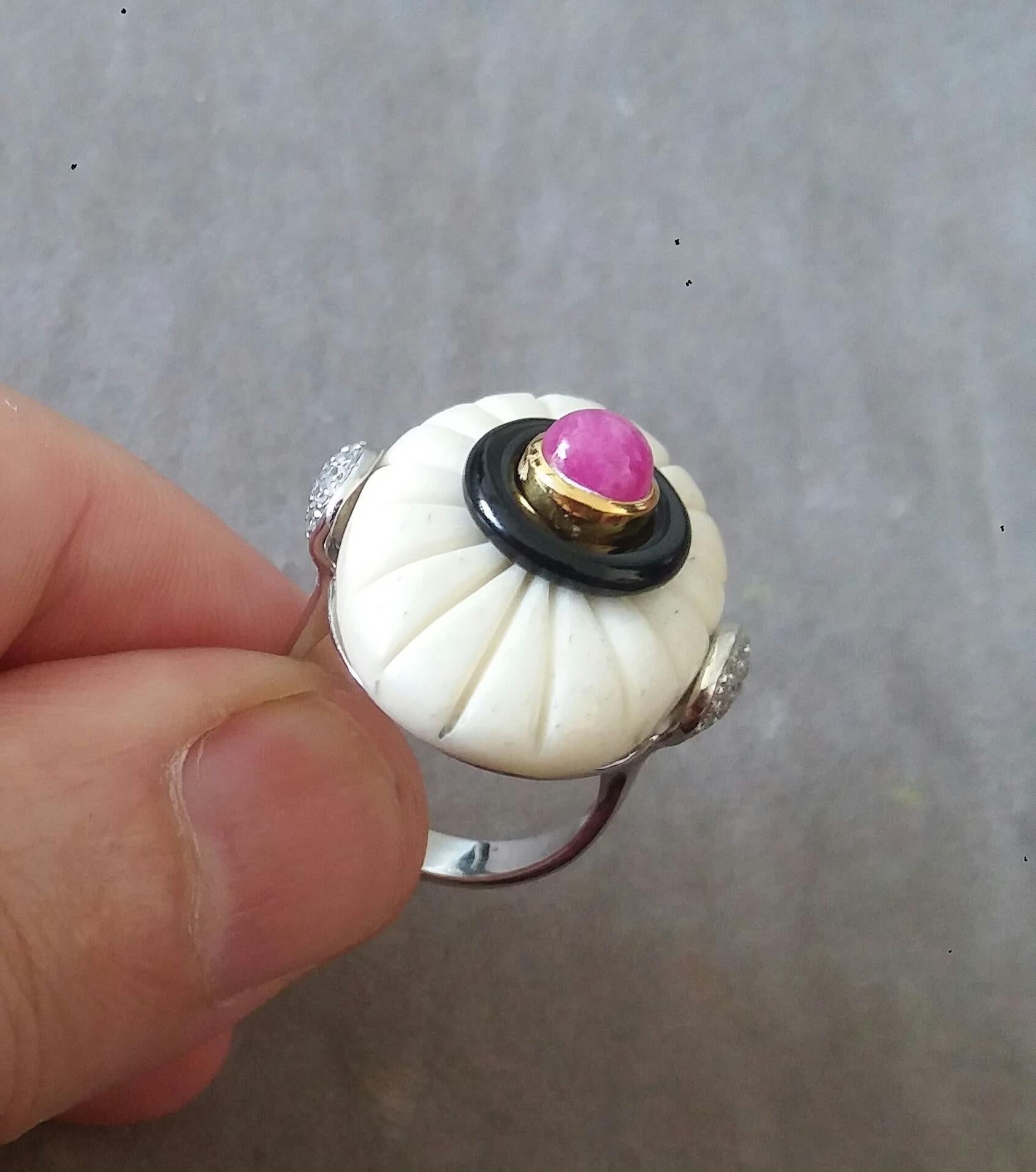 For Sale:  Art Deco Style Engraved Bone Black Onyx Ruby Cab Gold Diamonds Cocktail Ring 17