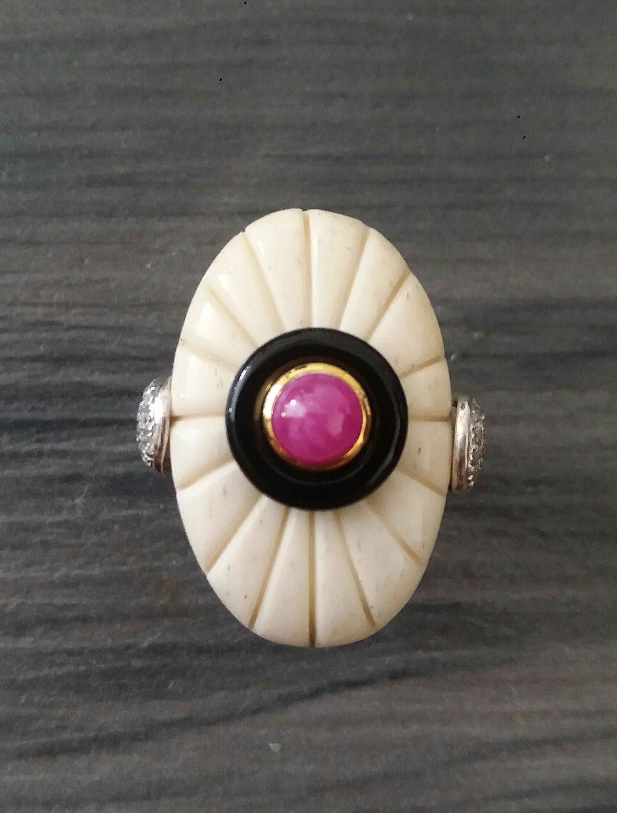 For Sale:  Art Deco Style Engraved Bone Black Onyx Ruby Cab Gold Diamonds Cocktail Ring 2