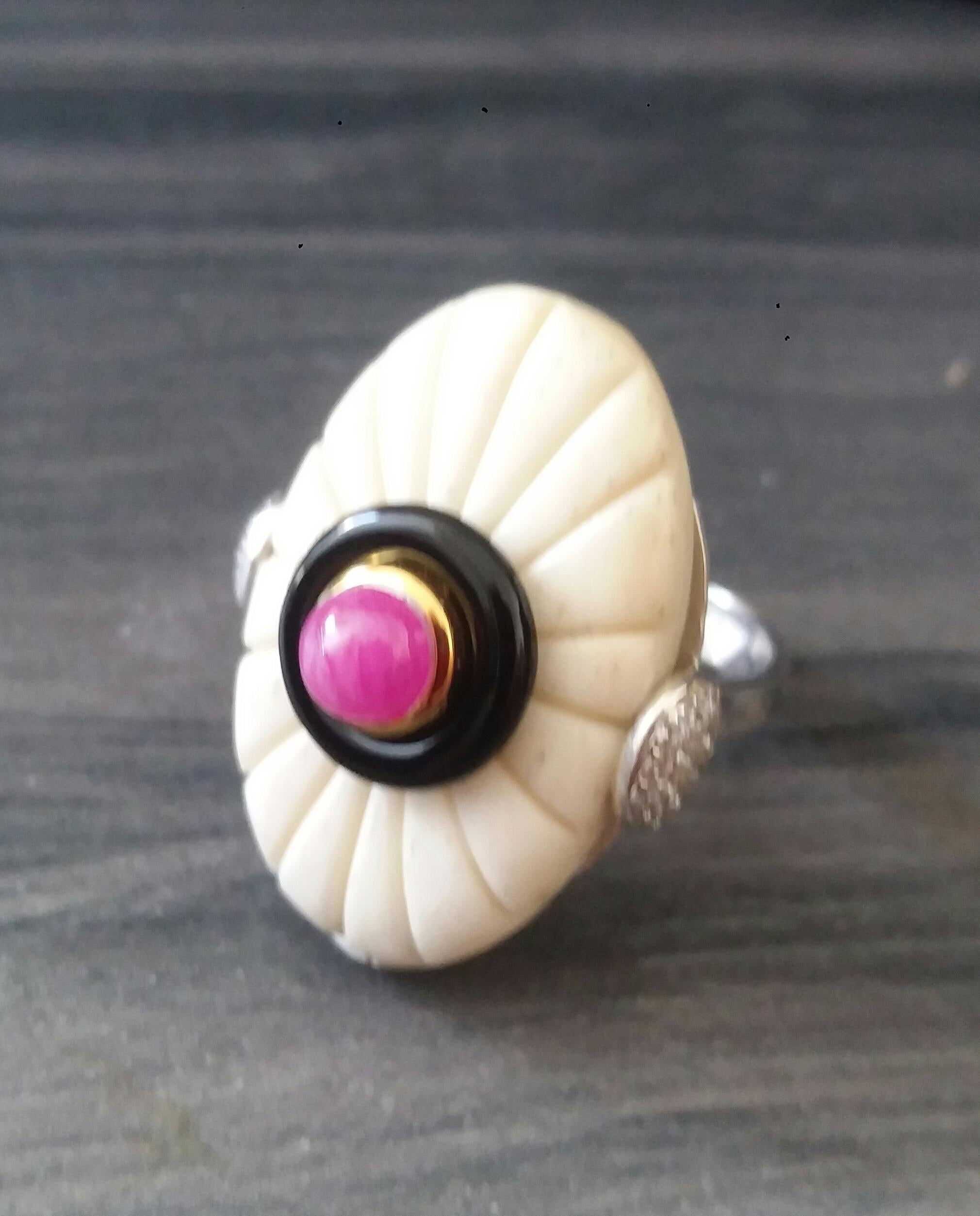 For Sale:  Art Deco Style Engraved Bone Black Onyx Ruby Cab Gold Diamonds Cocktail Ring 6