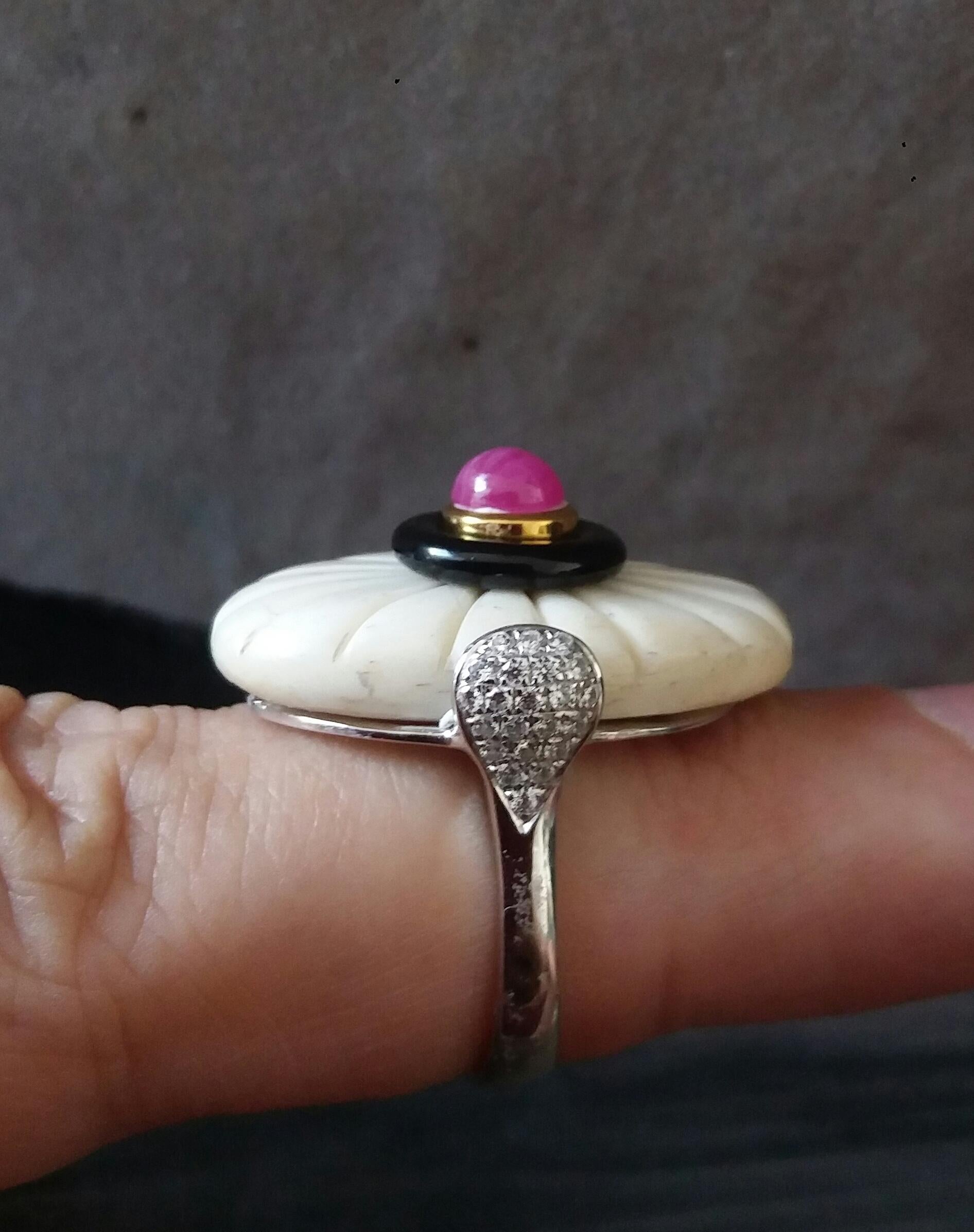 For Sale:  Art Deco Style Engraved Bone Black Onyx Ruby Cab Gold Diamonds Cocktail Ring 7