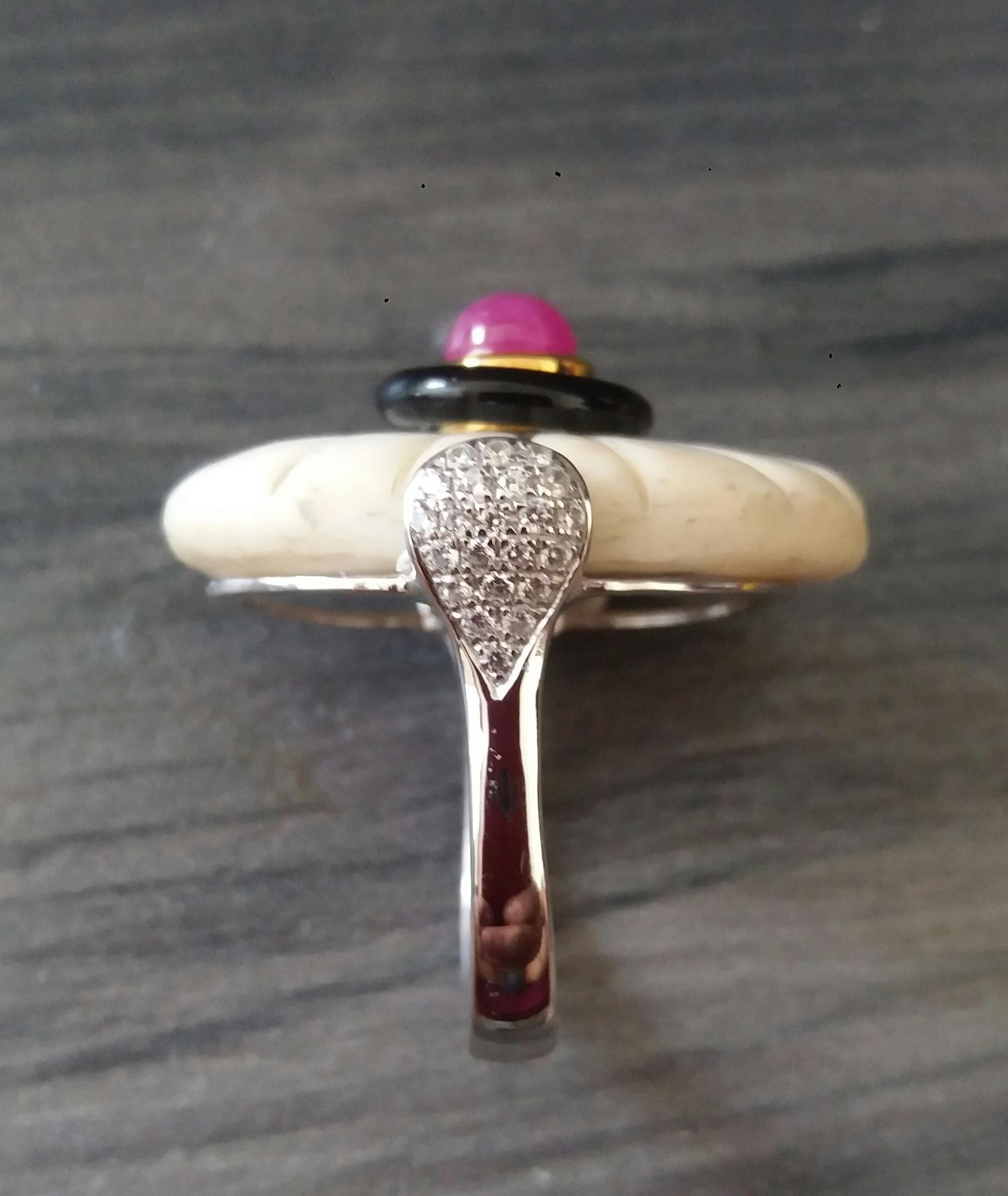 For Sale:  Art Deco Style Engraved Bone Black Onyx Ruby Cab Gold Diamonds Cocktail Ring 8
