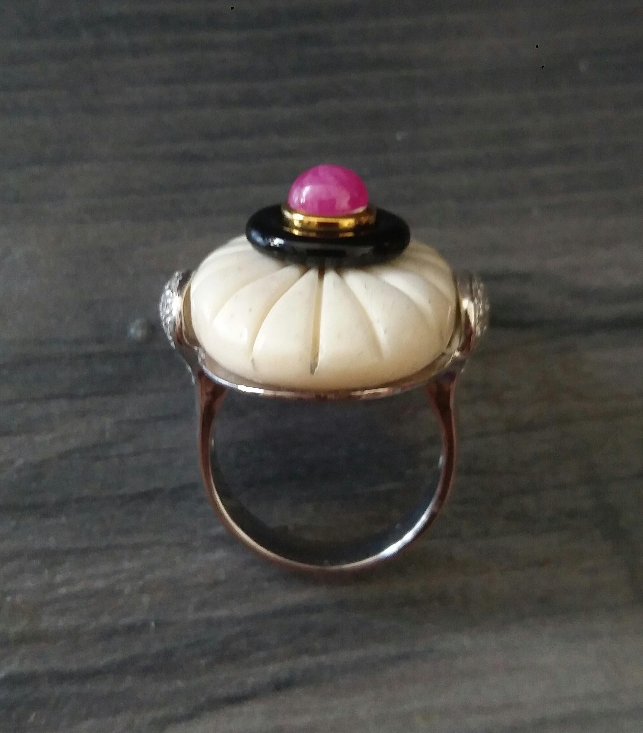 For Sale:  Art Deco Style Engraved Bone Black Onyx Ruby Cab Gold Diamonds Cocktail Ring 9