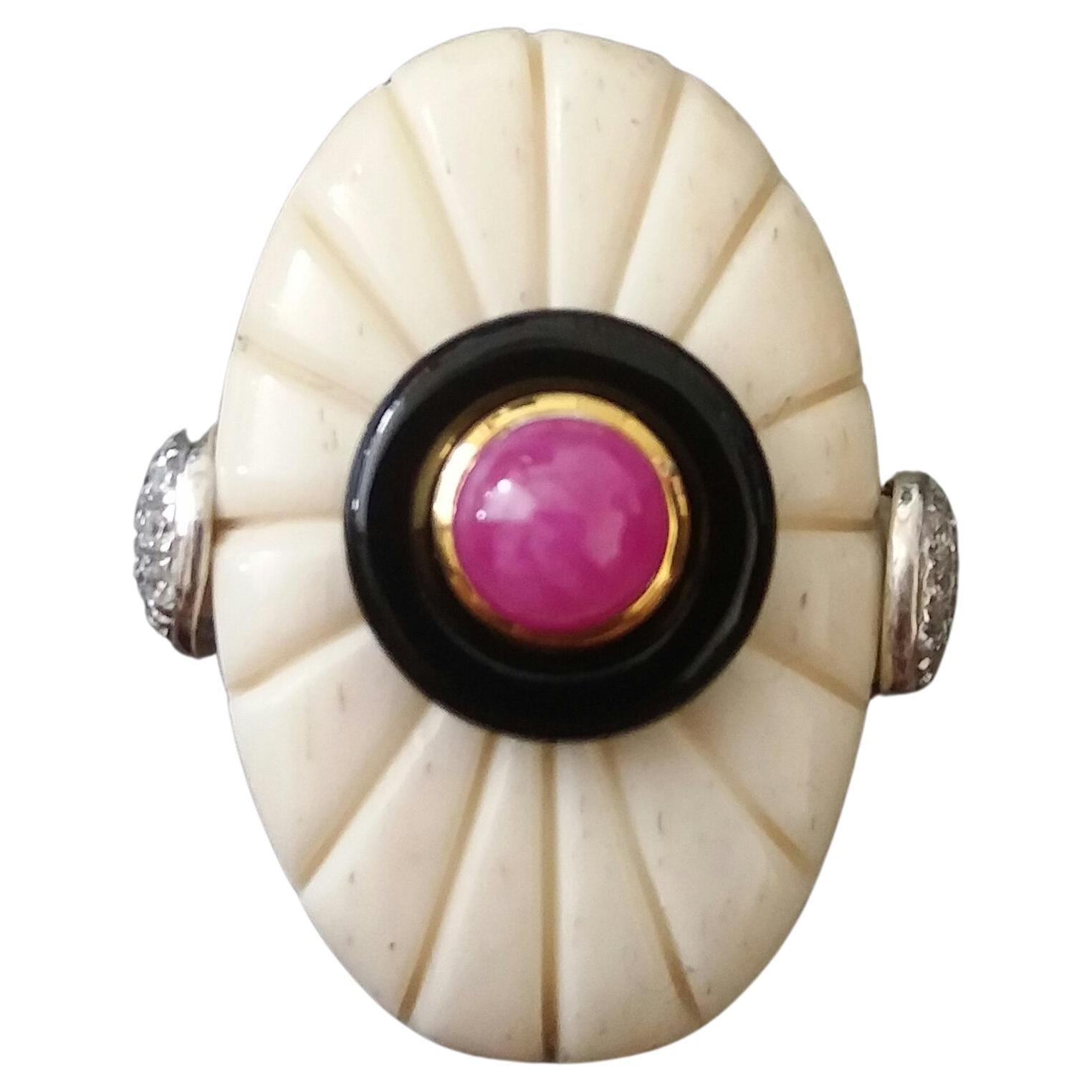 For Sale:  Art Deco Style Engraved Bone Black Onyx Ruby Cab Gold Diamonds Cocktail Ring