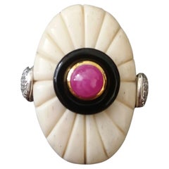 Art Deco Style Engraved Bone Black Onyx Ruby Cab Gold Diamonds Cocktail Ring