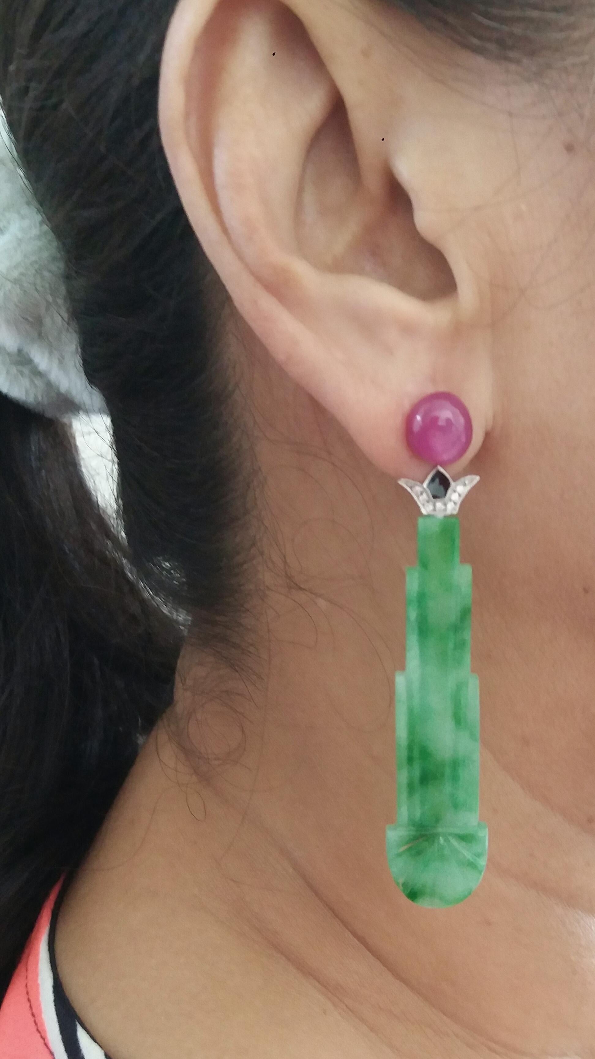 Ohrhänger im Art-déco-Stil aus gravierter Burma-Jade-Emaille mit Rubin und Golddiamanten im Angebot 4