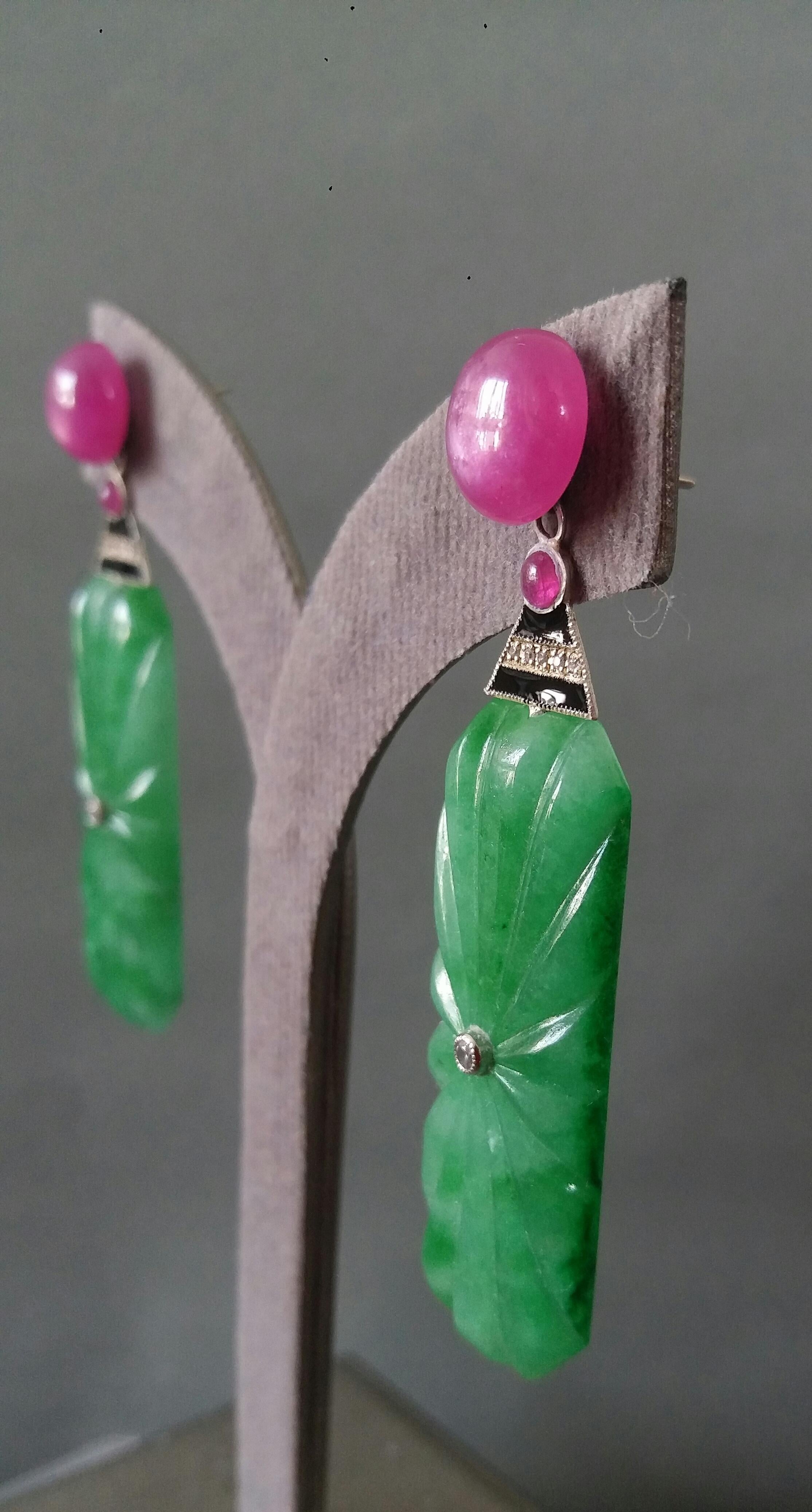 Art Deco Style Engraved Burma Jade Enamel Ruby Gold Diamonds Dangle Earrings For Sale 5