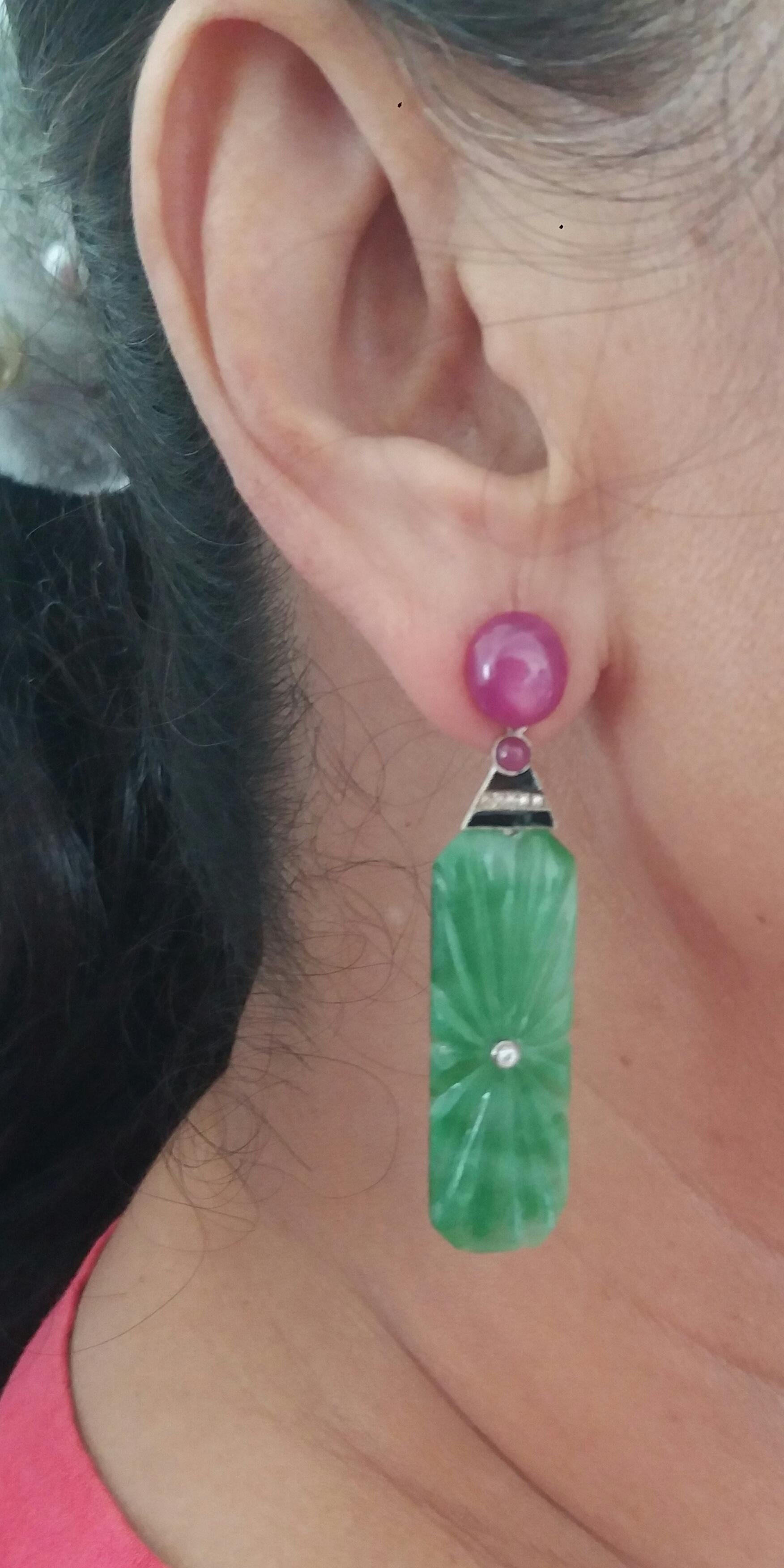Art Deco Style Engraved Burma Jade Enamel Ruby Gold Diamonds Dangle Earrings For Sale 6