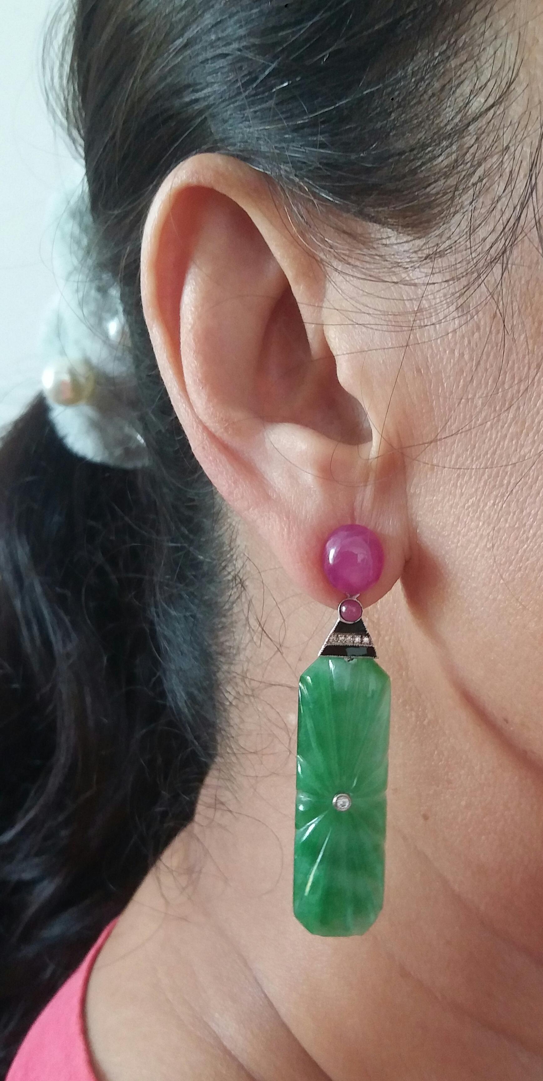 Art Deco Style Engraved Burma Jade Enamel Ruby Gold Diamonds Dangle Earrings For Sale 7