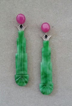Art Deco Style Engraved Burma Jade Enamel Ruby Gold Diamonds Dangle Earrings
