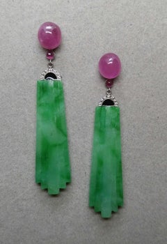 Art Deco Style Engraved Burma Jade Enamel Ruby Gold Diamonds Dangle Earrings