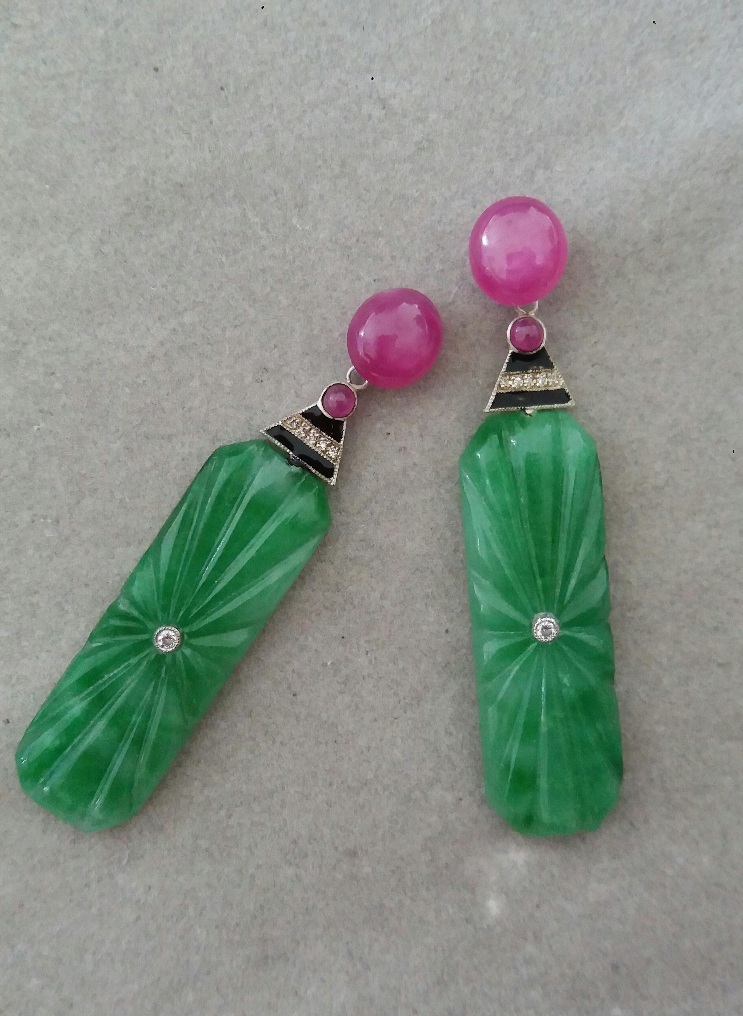 Mixed Cut Art Deco Style Engraved Burma Jade Enamel Ruby Gold Diamonds Dangle Earrings For Sale