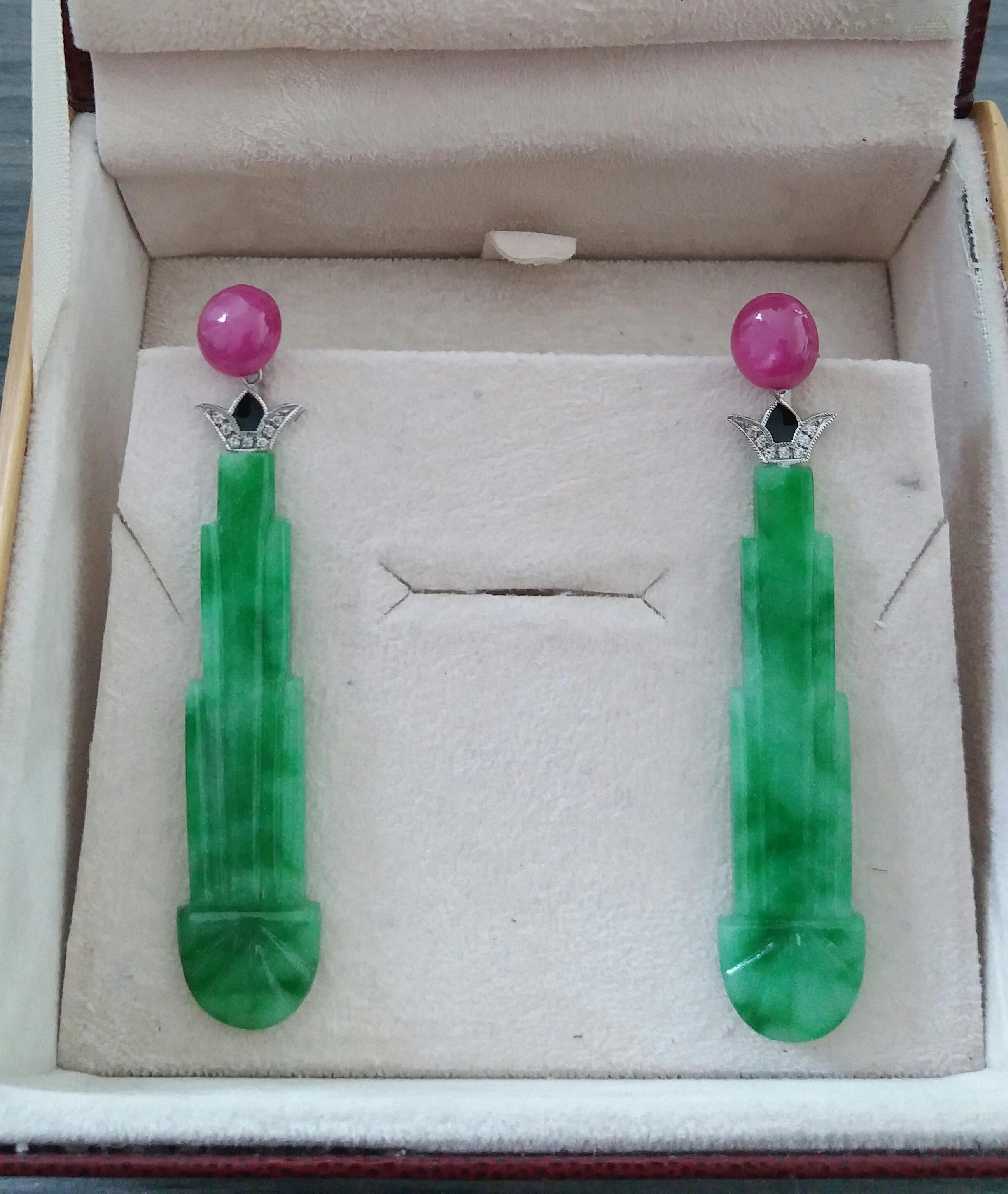 Women's Art Deco Style Engraved Burma Jade Enamel Ruby Gold Diamonds Dangle Earrings For Sale