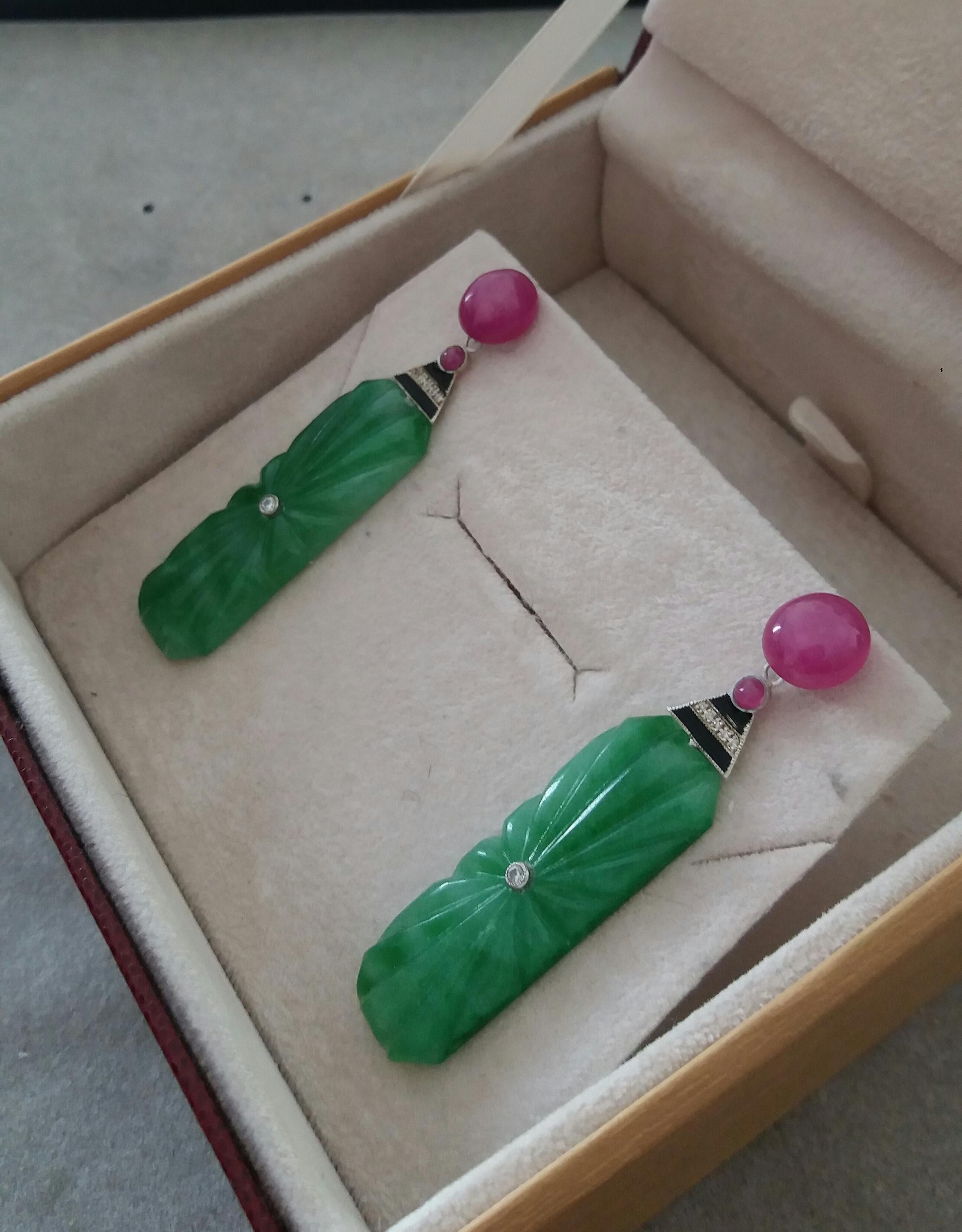 Art Deco Style Engraved Burma Jade Enamel Ruby Gold Diamonds Dangle Earrings For Sale 1