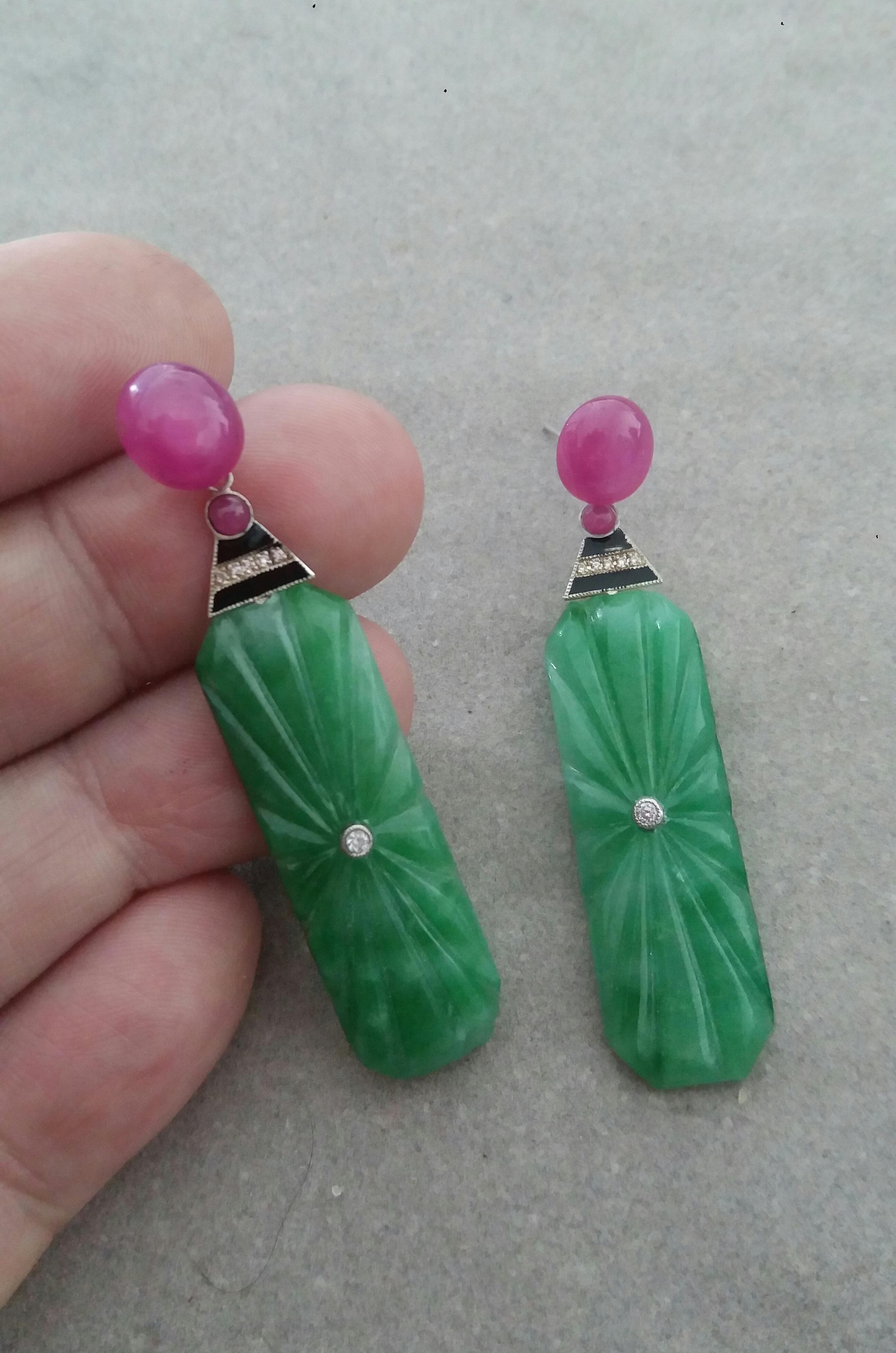 Art Deco Style Engraved Burma Jade Enamel Ruby Gold Diamonds Dangle Earrings For Sale 2