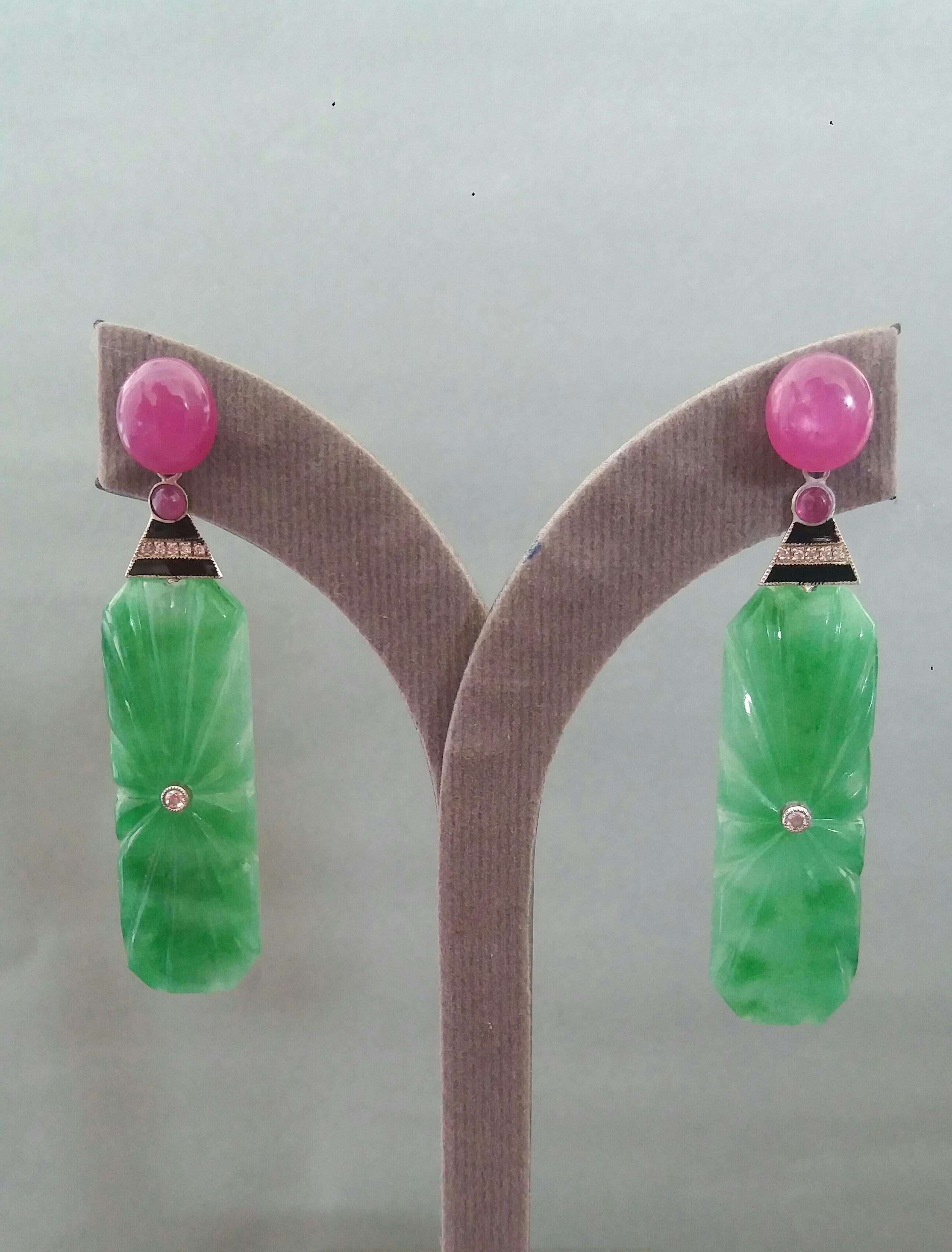 Art Deco Style Engraved Burma Jade Enamel Ruby Gold Diamonds Dangle Earrings For Sale 3