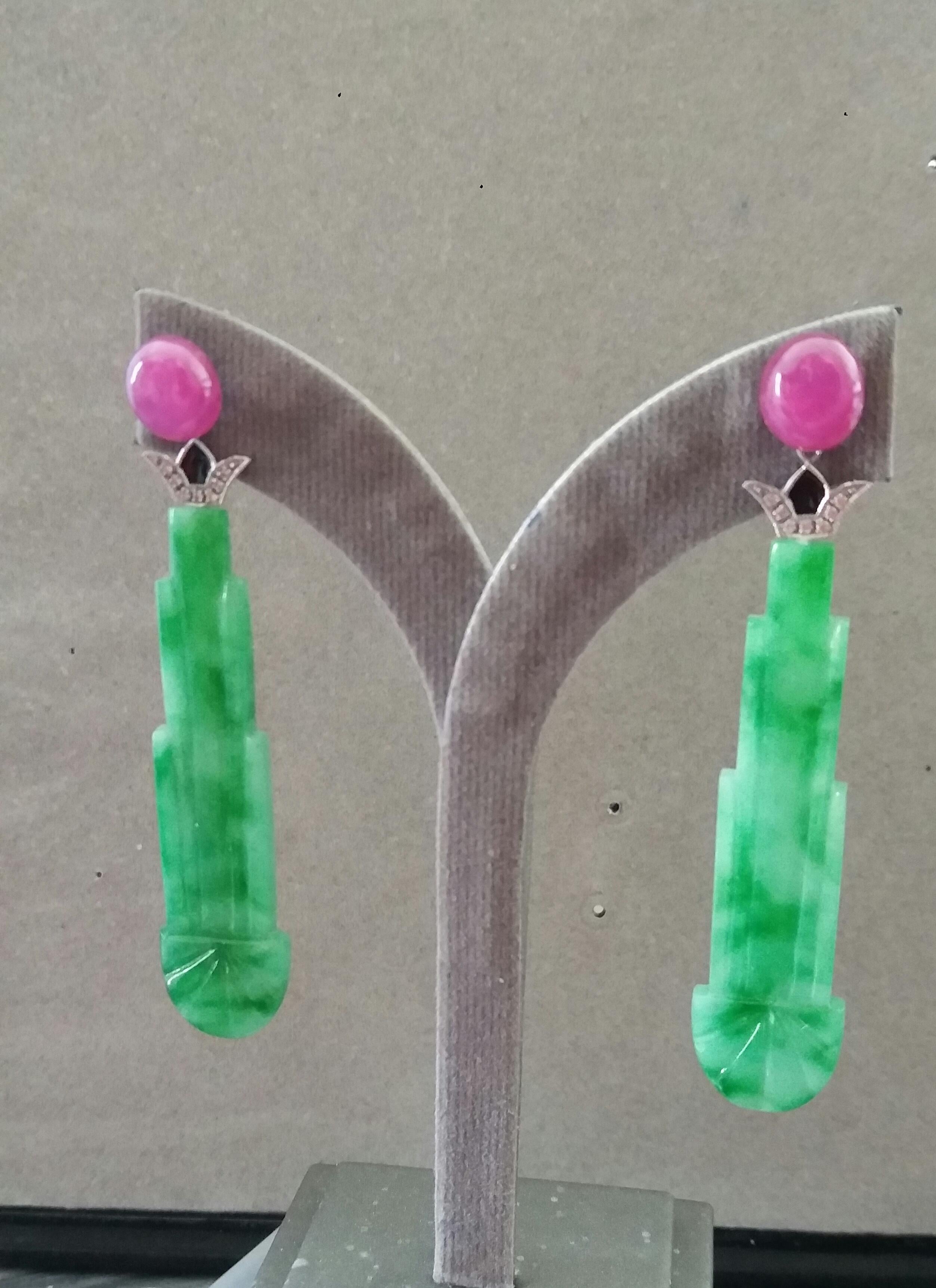 Art Deco Style Engraved Burma Jade Enamel Ruby Gold Diamonds Dangle Earrings For Sale 3