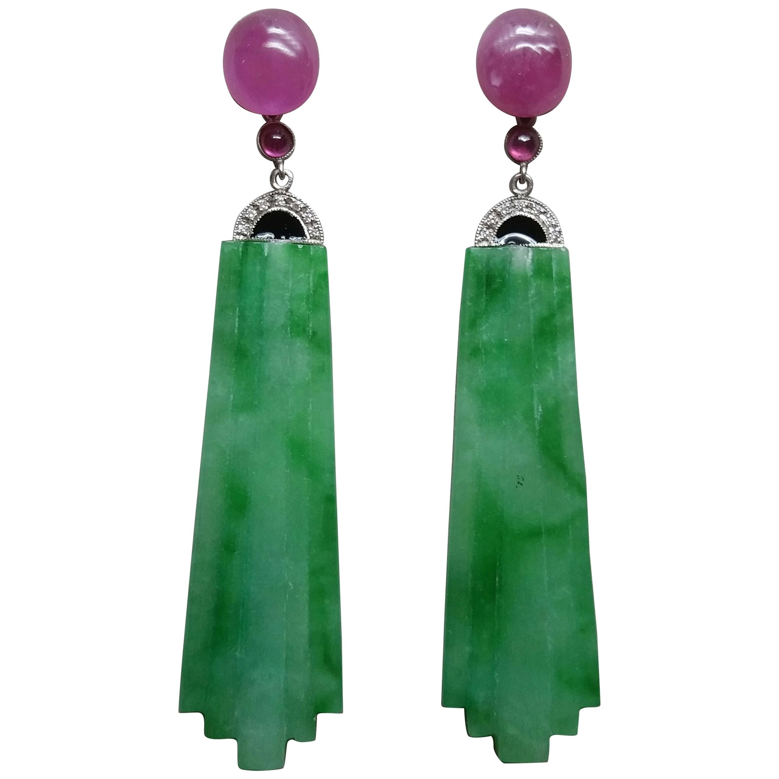Art Deco Style Engraved Burma Jade Enamel Ruby Gold Diamonds Dangle Earrings For Sale