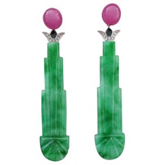 Art Deco Style Engraved Burma Jade Enamel Ruby Gold Diamonds Dangle Earrings Art Deco Style Engraved Burma Jade Enamel Ruby Gold Diamonds Dangle Earrings