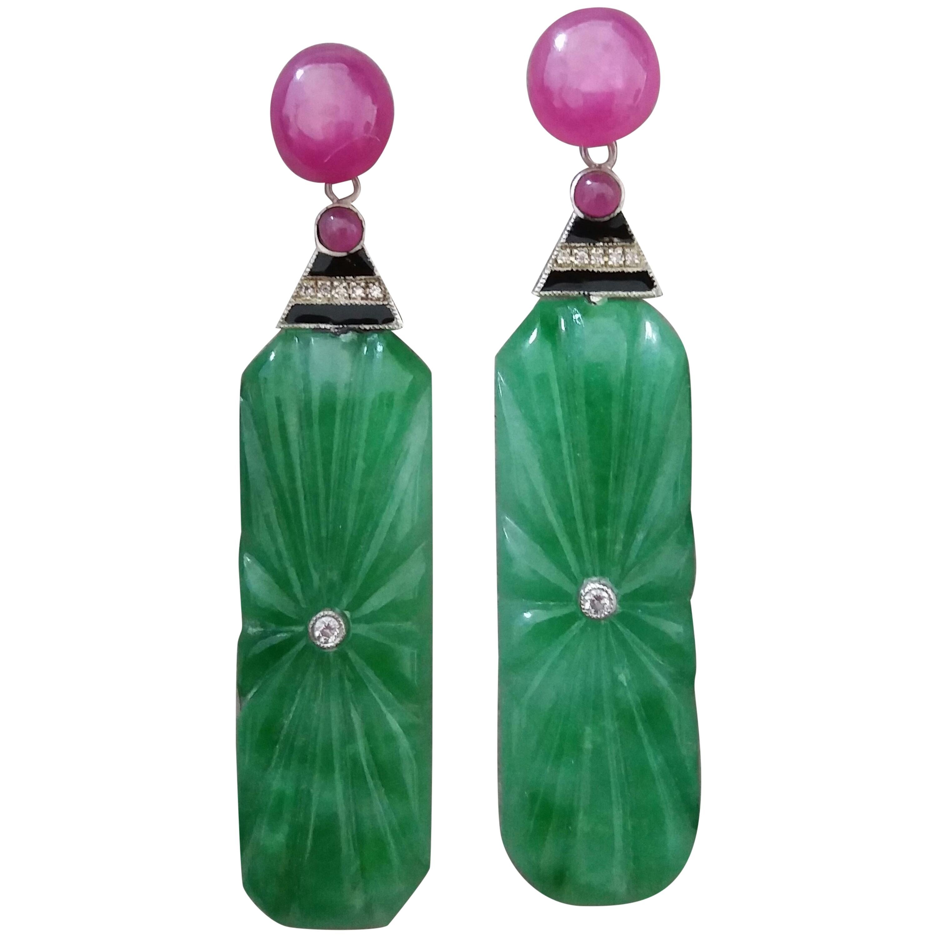 Art Deco Style Engraved Burma Jade Enamel Ruby Gold Diamonds Dangle Earrings