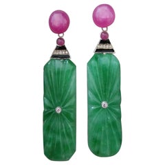 Art Deco Style Engraved Burma Jade Enamel Ruby Gold Diamonds Dangle Earrings